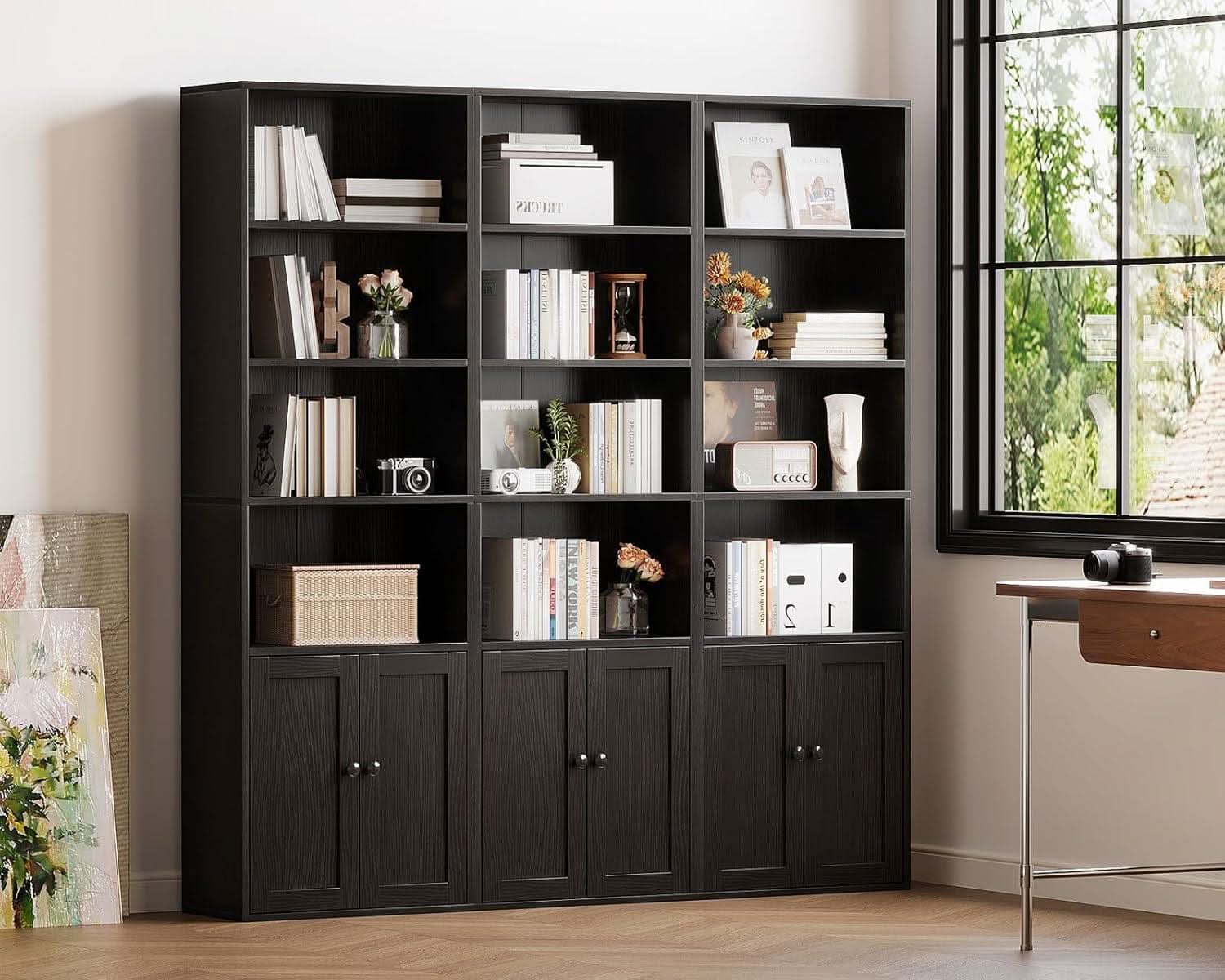 Black Six Tier Floor Standing Bookshelf With Doors