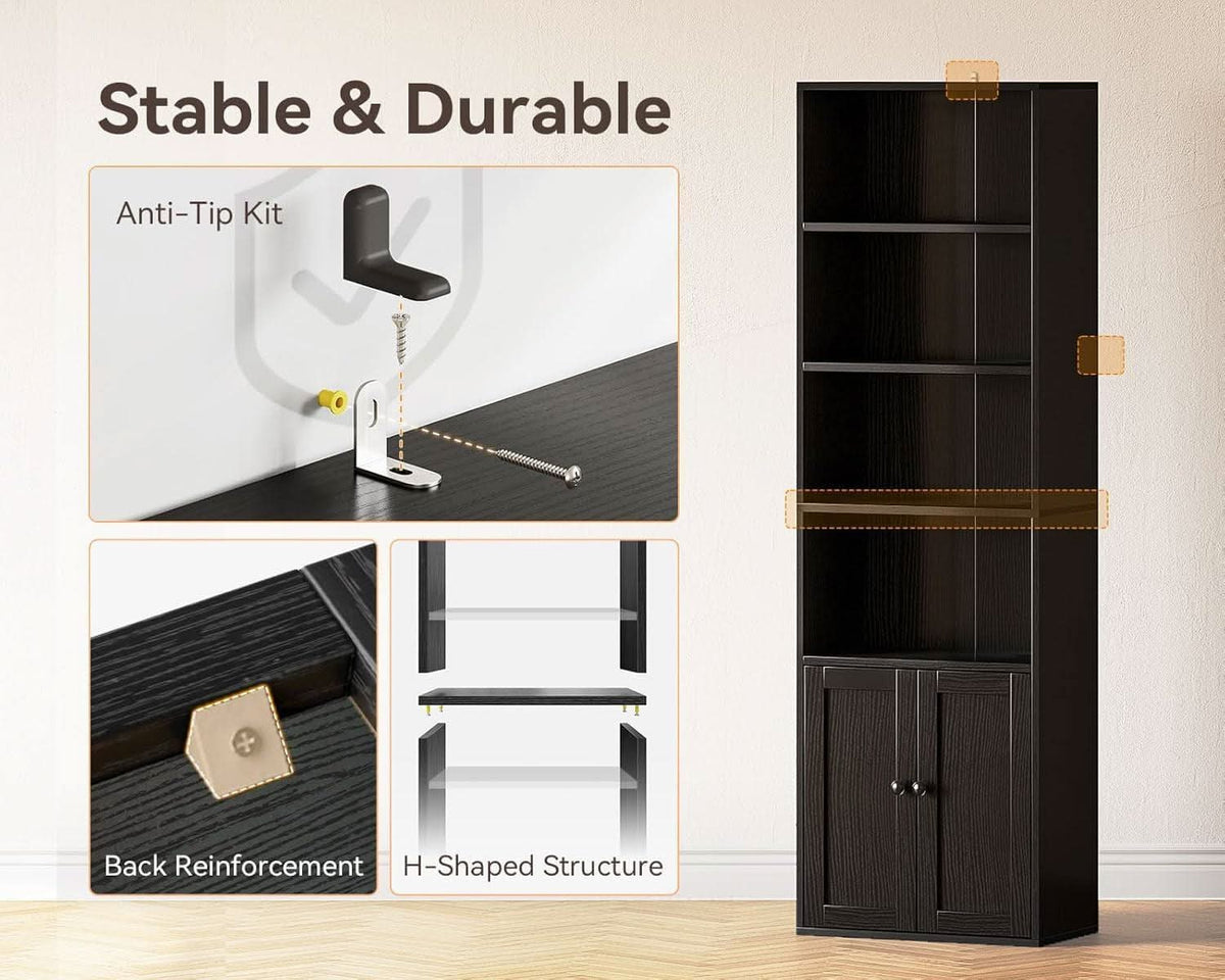 Black Six Tier Floor Standing Bookshelf With Doors