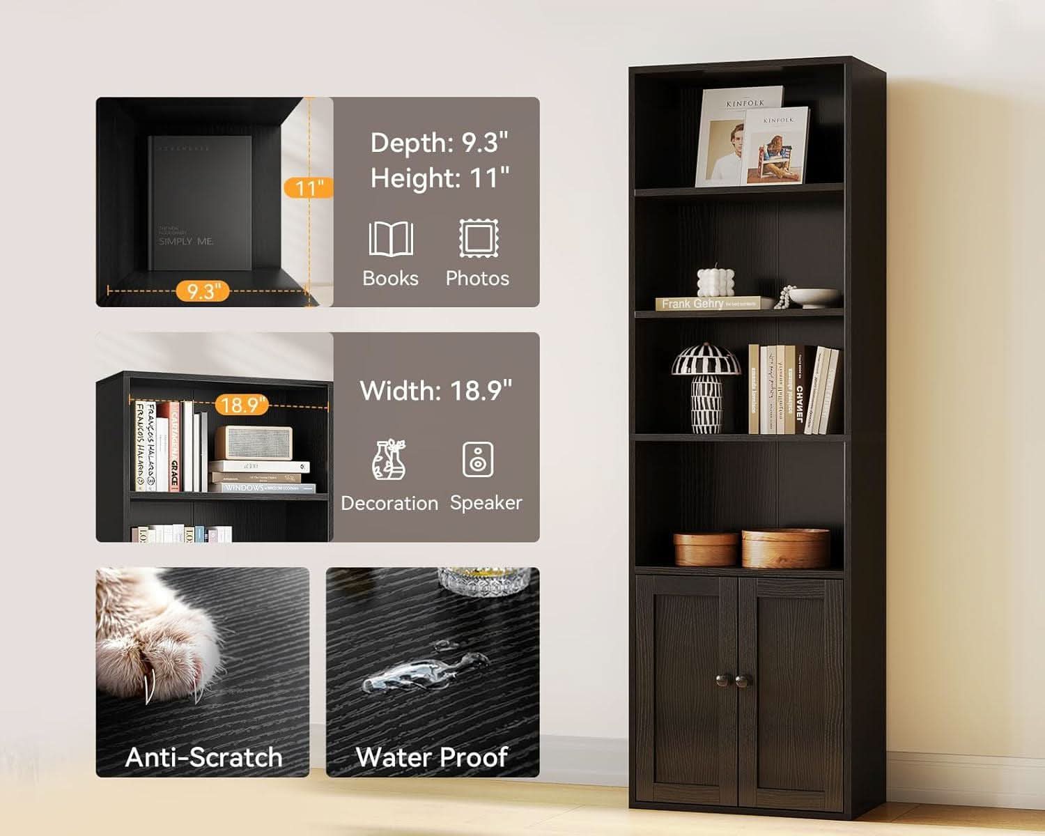 Black Six Tier Floor Standing Bookshelf With Doors