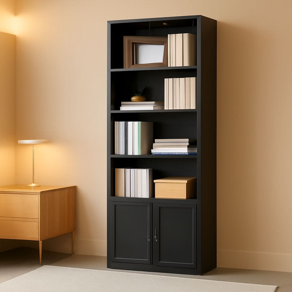 Black Six Tier Floor Standing Bookshelf With Doors