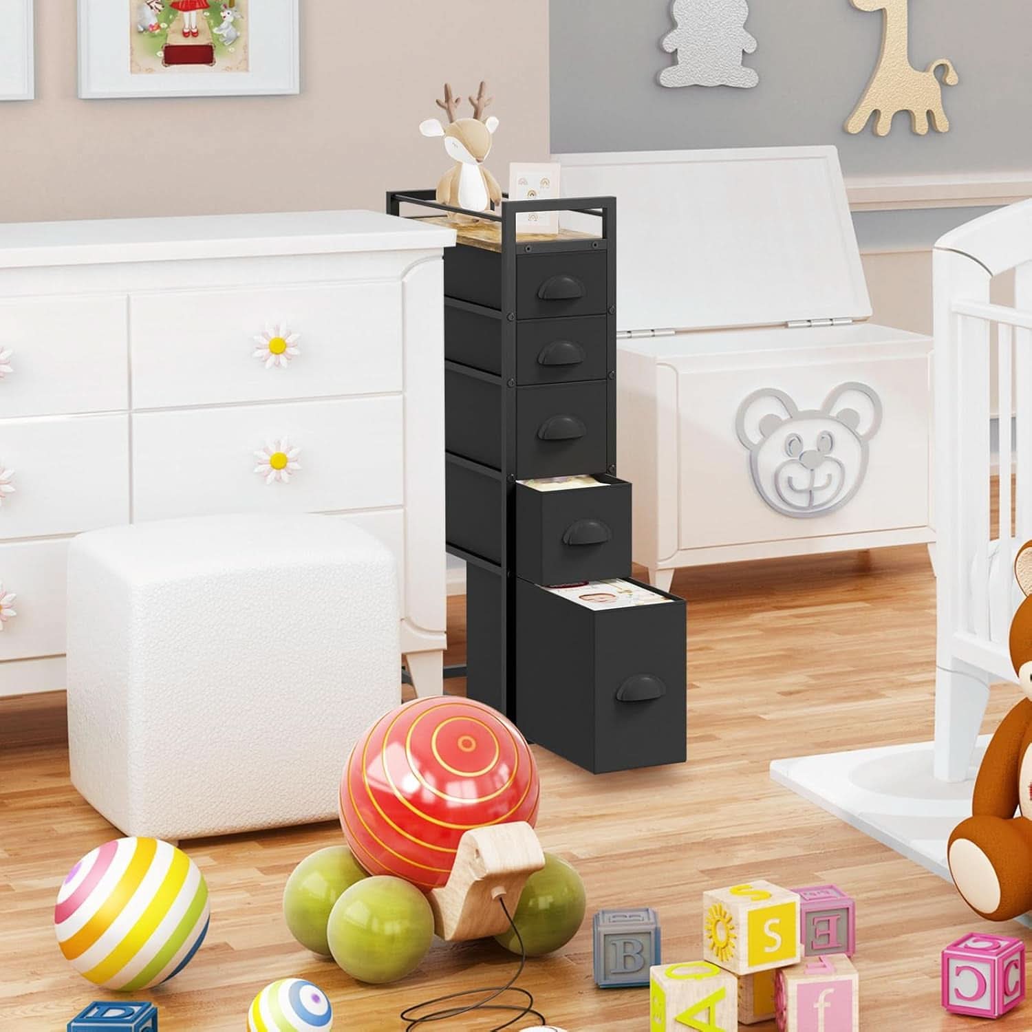 Black SlimStorage Narrow Five Drawer Dresser On Wheels
