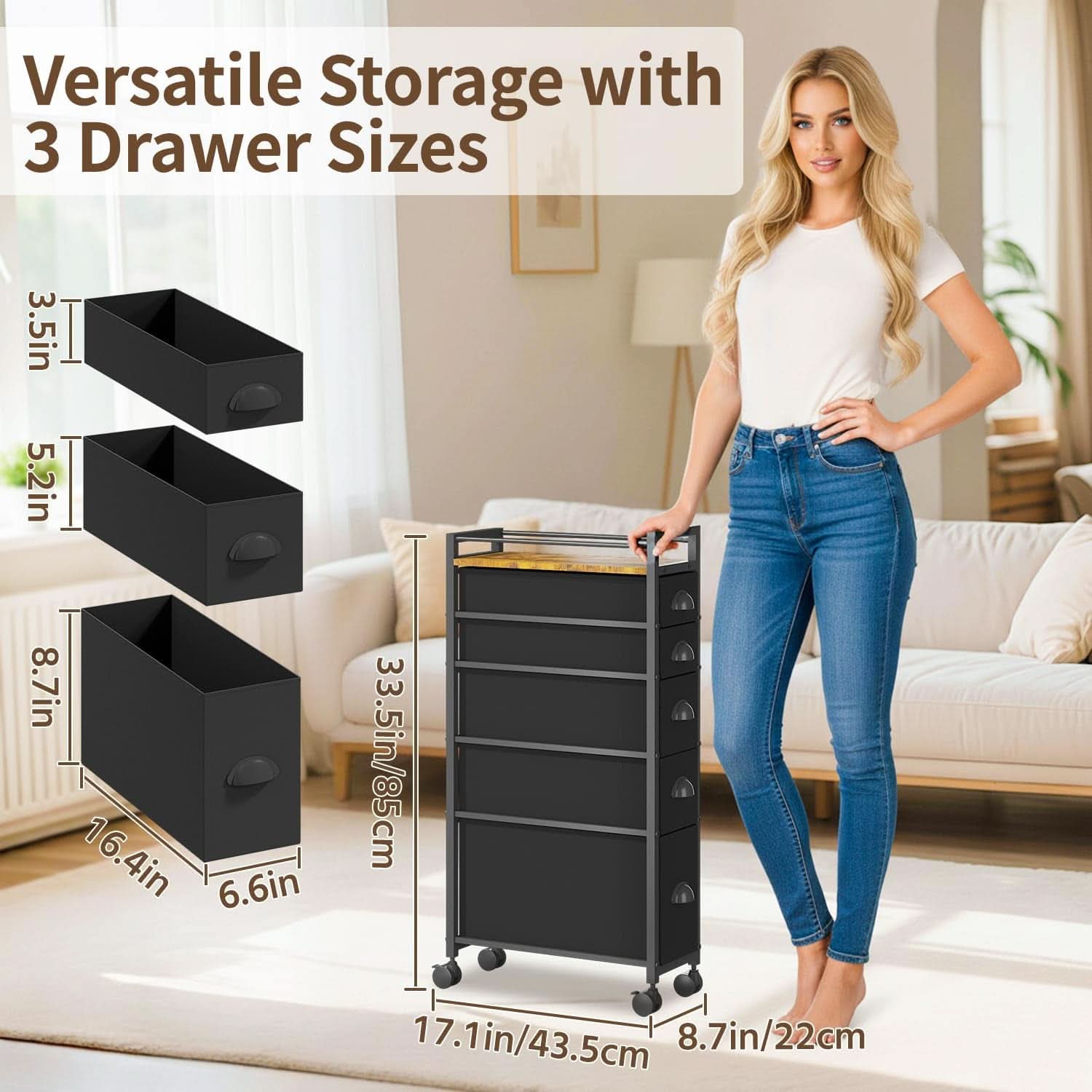 Black SlimStorage Narrow Five Drawer Dresser On Wheels