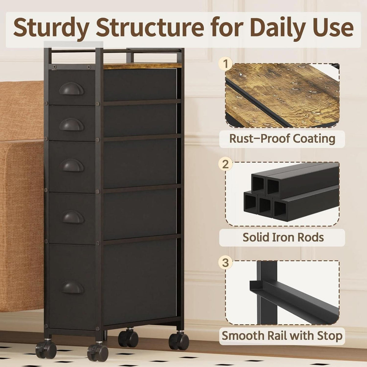 Black SlimStorage Narrow Five Drawer Dresser On Wheels
