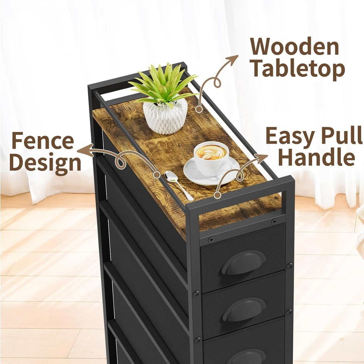Black SlimStorage Narrow Five Drawer Dresser On Wheels