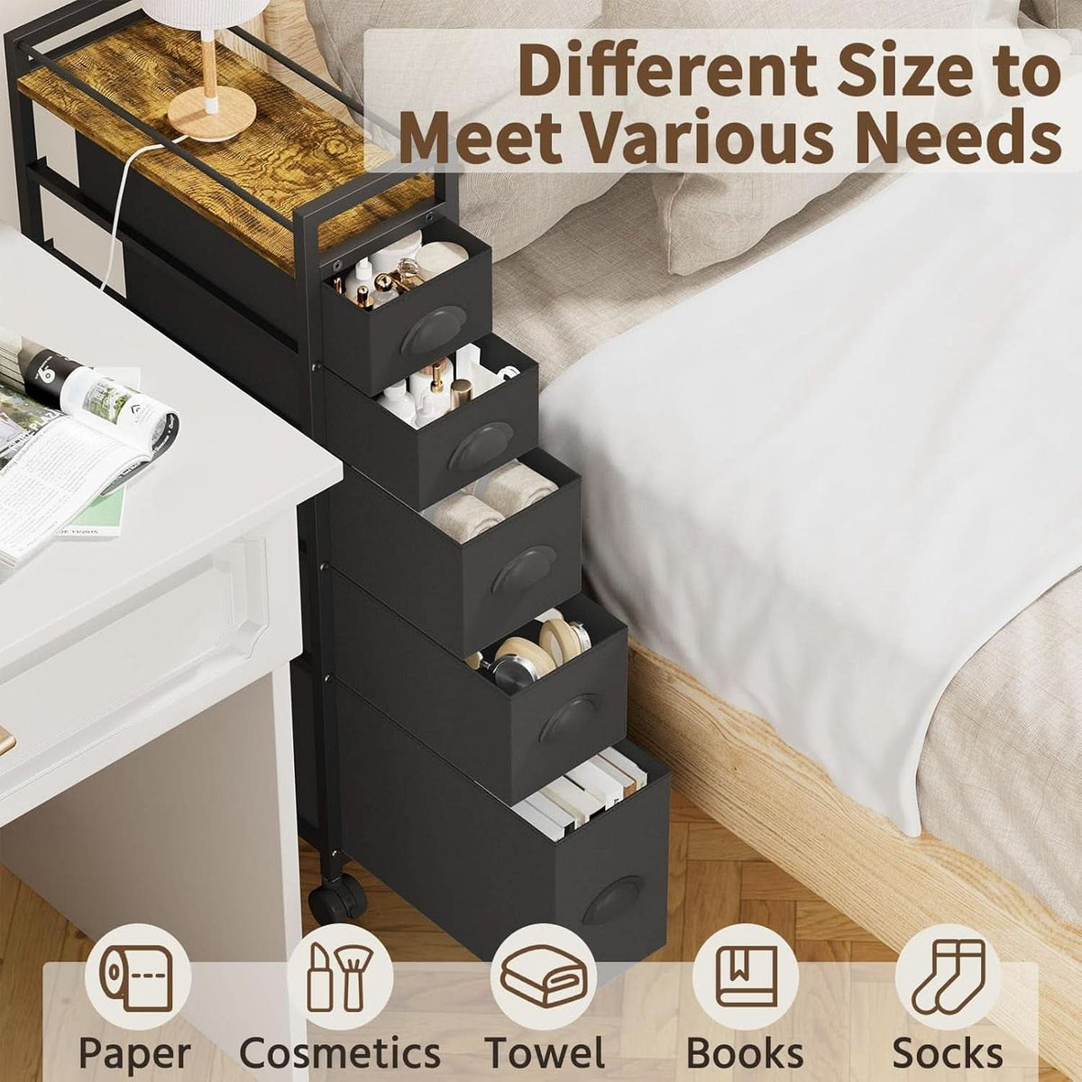 Black SlimStorage Narrow Five Drawer Dresser On Wheels