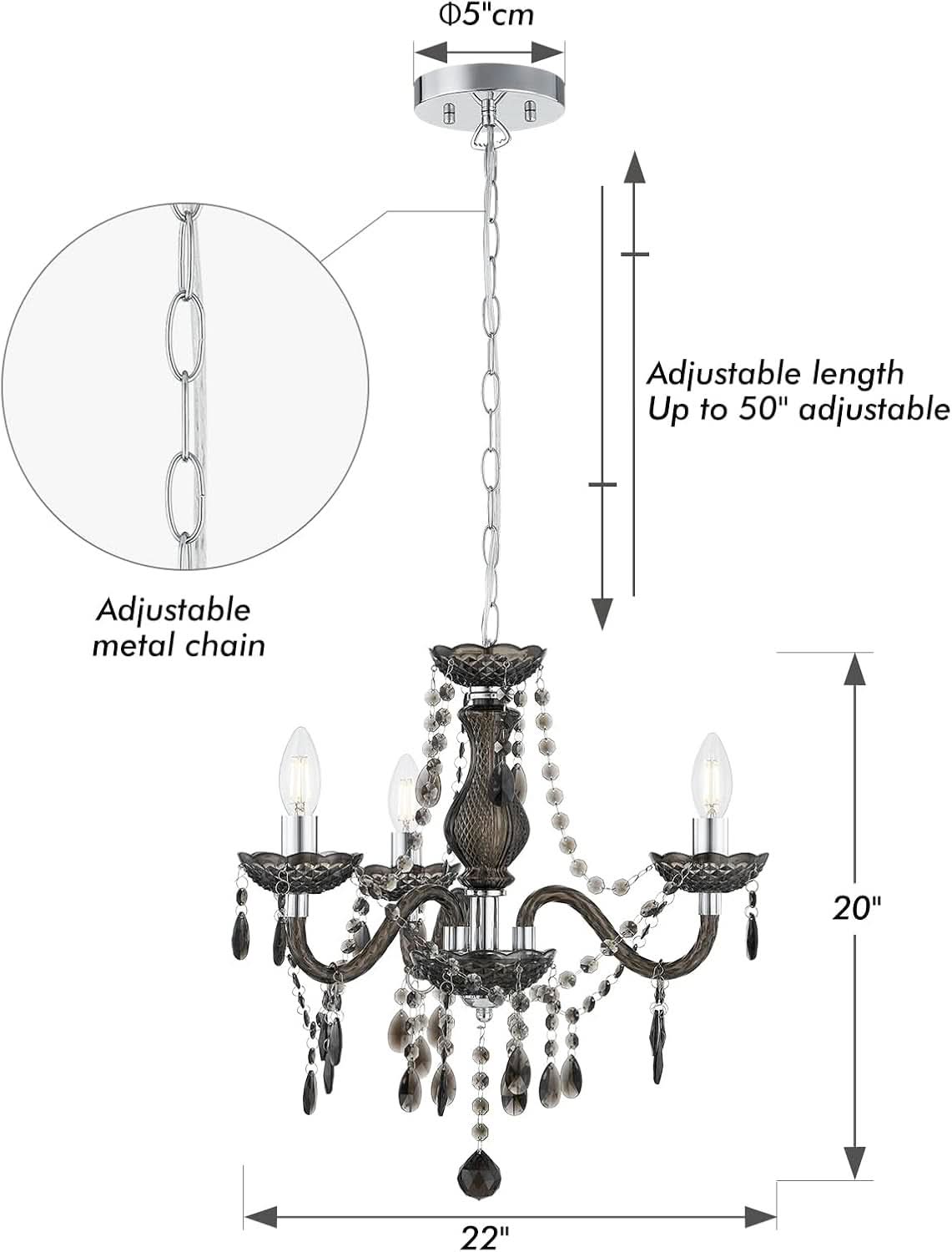 Black Small Crystal Chandelier Dimmable 3 Light Pendant