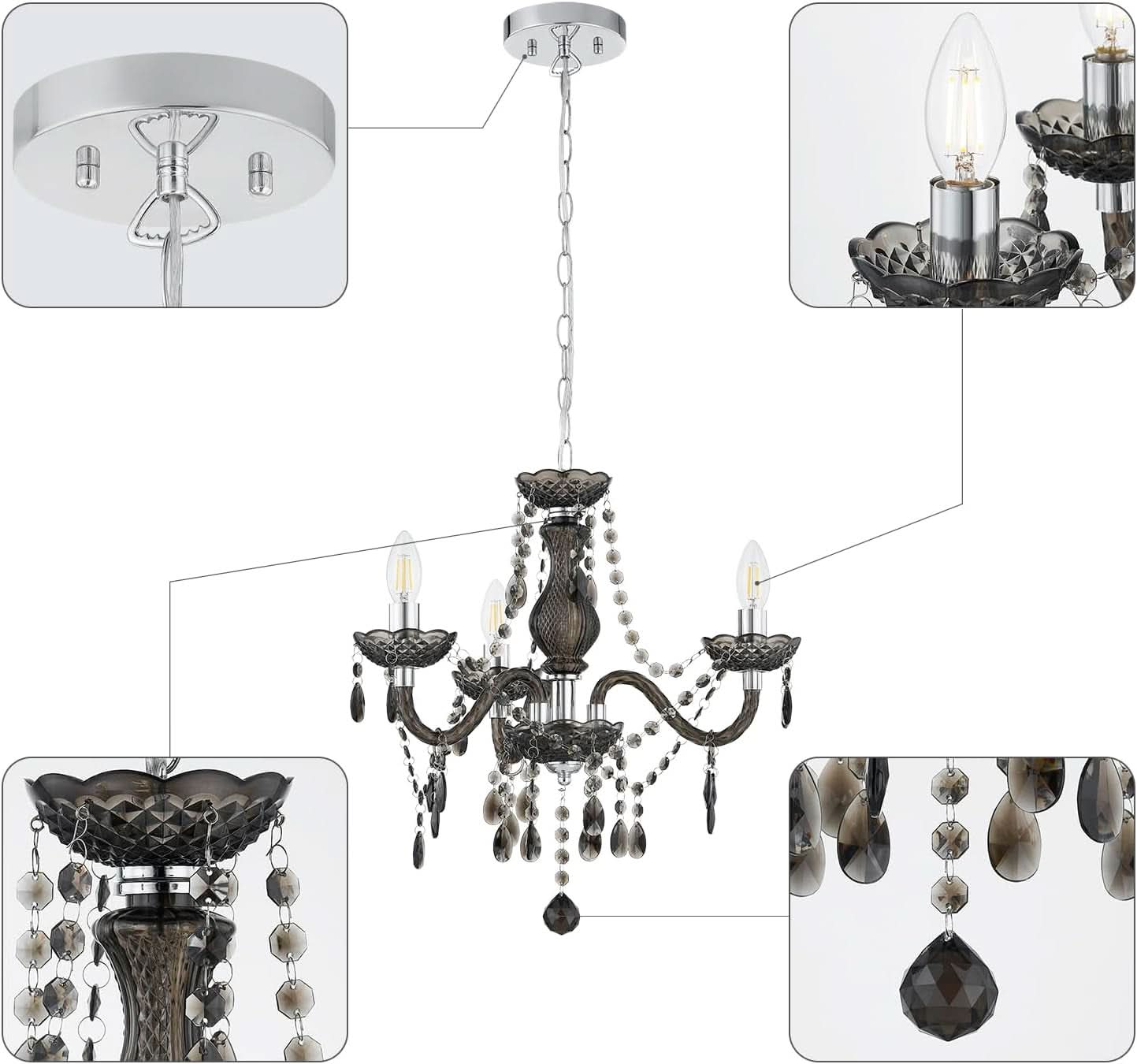 Black Small Crystal Chandelier Dimmable 3 Light Pendant