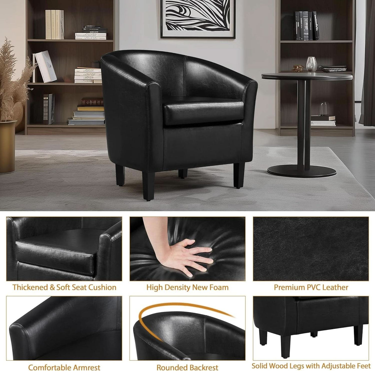 Black Synthetic Leather Barrel Armchairs With Cushions