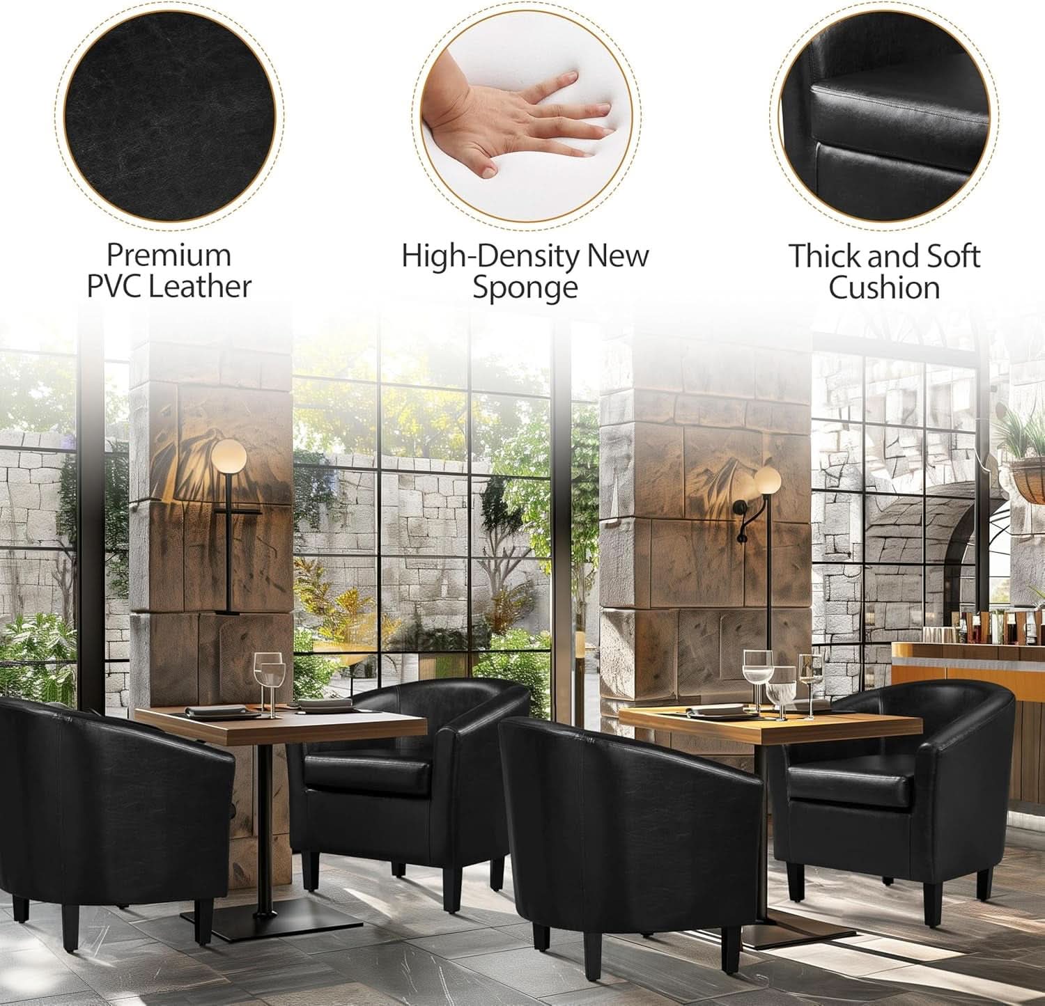 Black Synthetic Leather Barrel Armchairs With Cushions