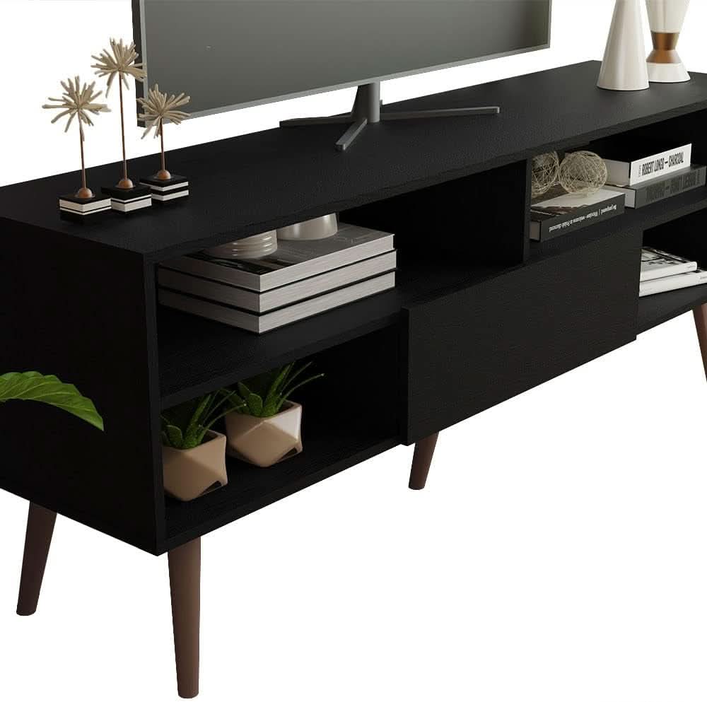 Black TV Stand With 1 Door 4 Shelves For 55 To 65 Inch TV