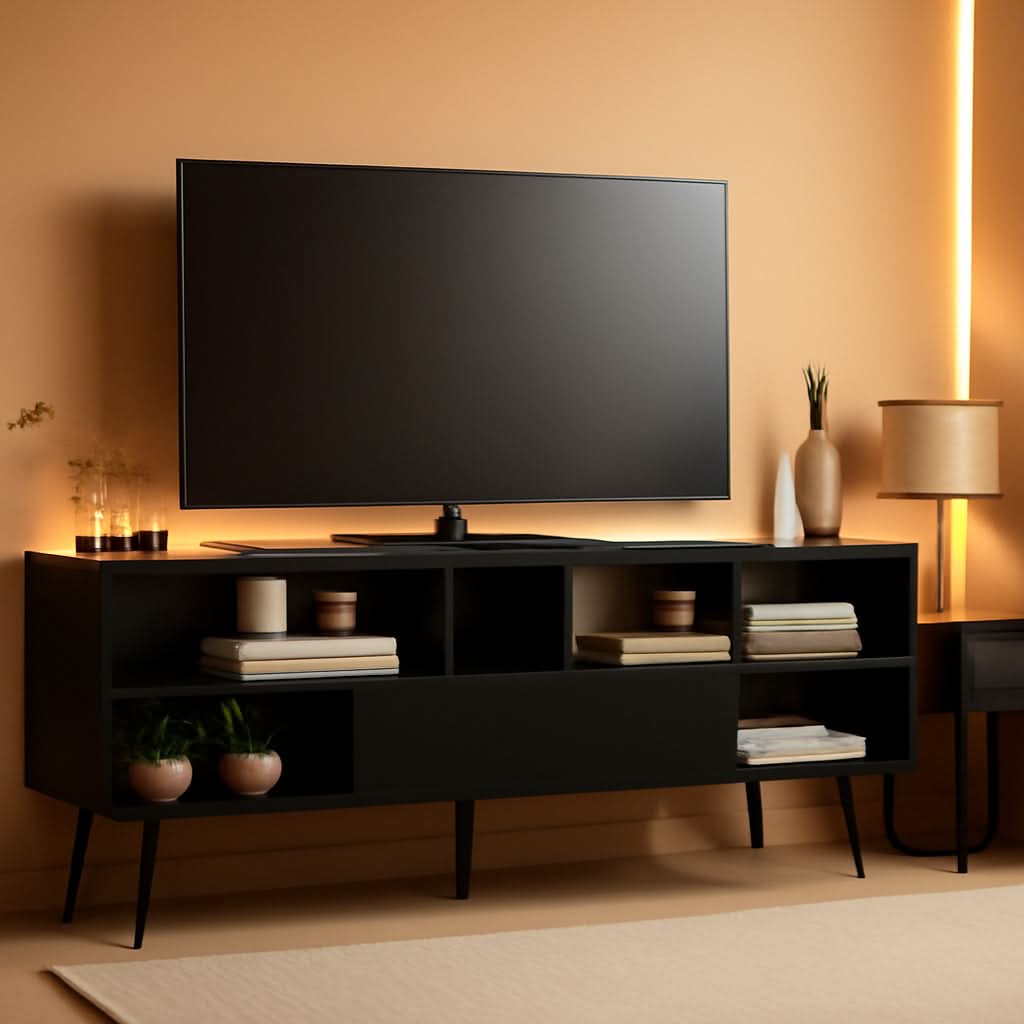 Black TV Stand With 1 Door 4 Shelves For 55 To 65 Inch TV