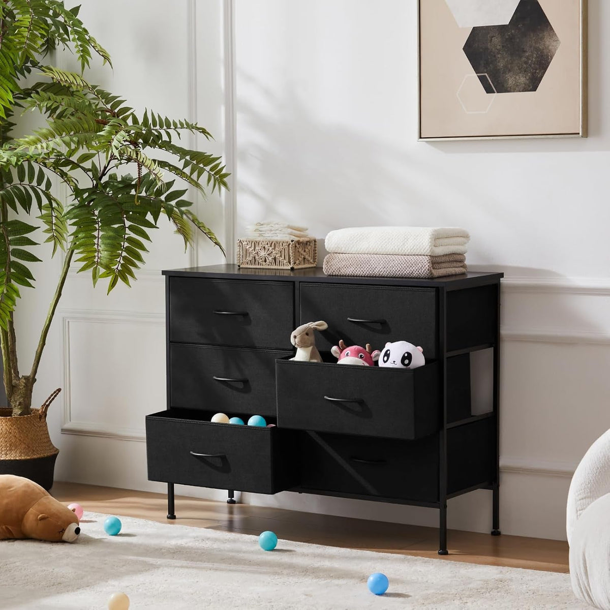 Black TV Stand With 6 Fabric Drawers Storage Organizer
