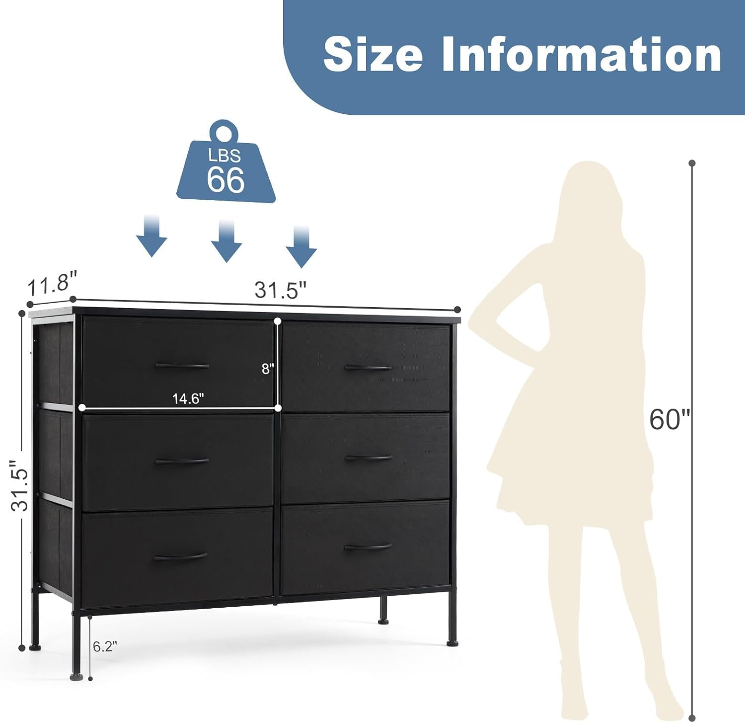 Black TV Stand With 6 Fabric Drawers Storage Organizer