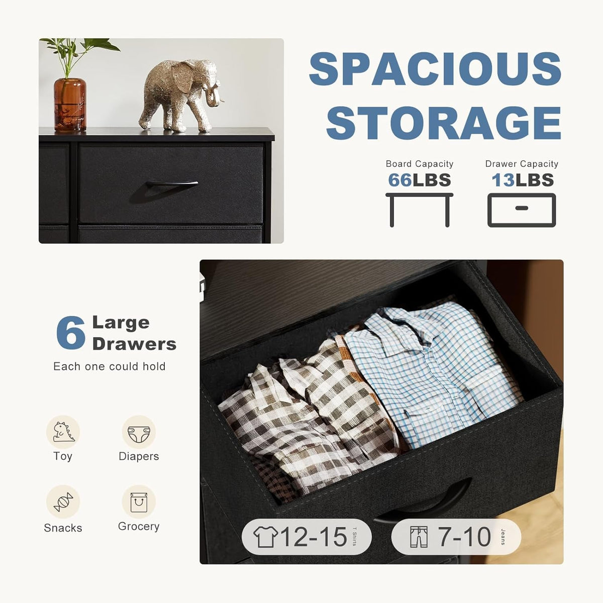 Black TV Stand With 6 Fabric Drawers Storage Organizer