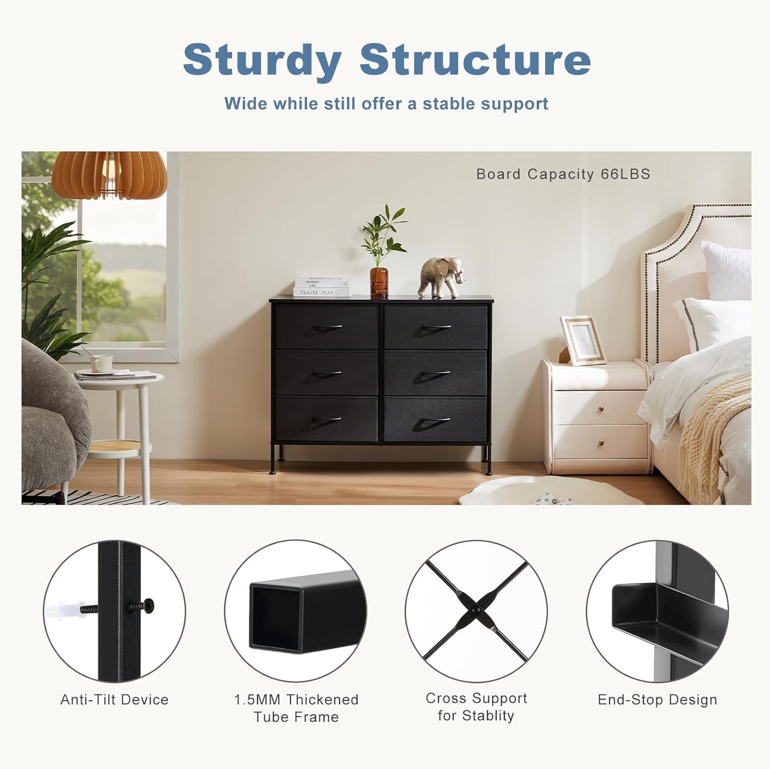 Black TV Stand With 6 Fabric Drawers Storage Organizer