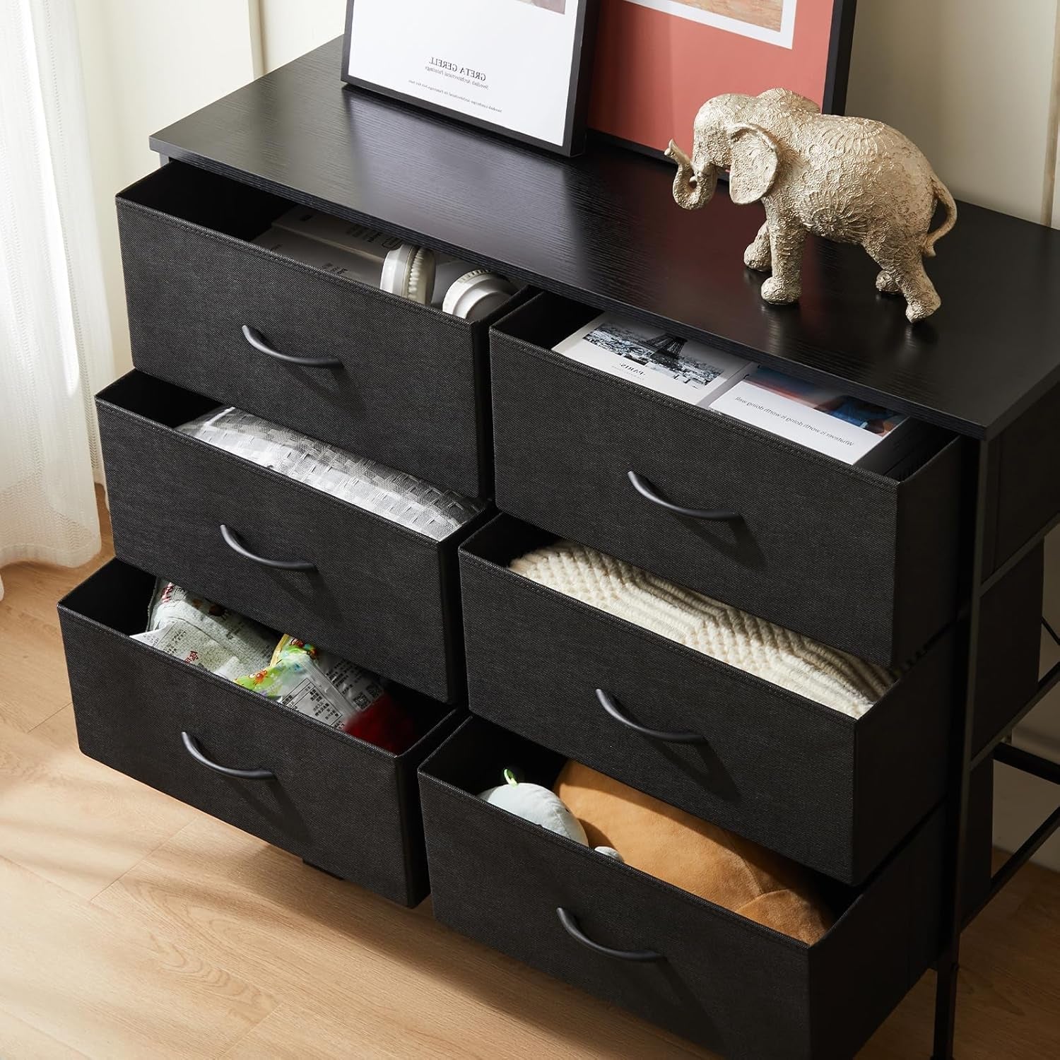 Black TV Stand With 6 Fabric Drawers Storage Organizer