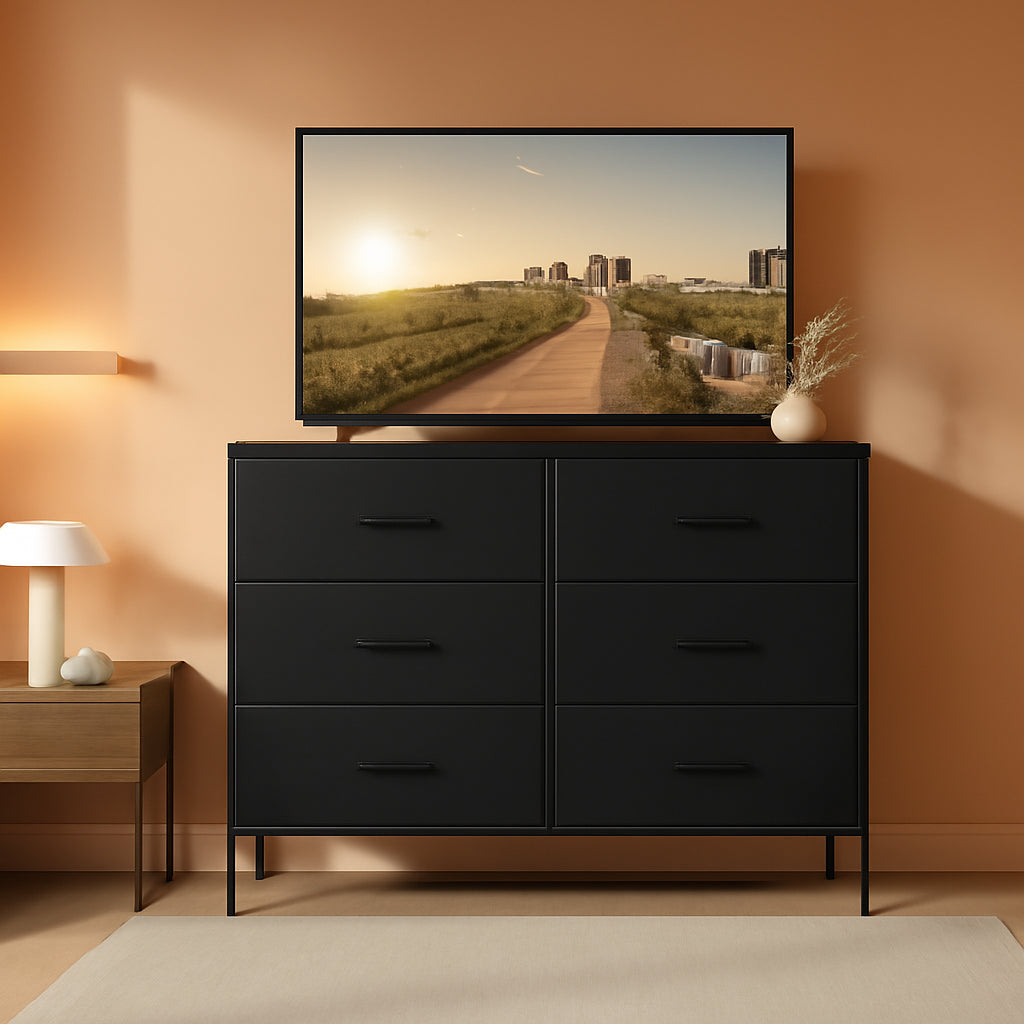 Black TV Stand With 6 Fabric Drawers Storage Organizer