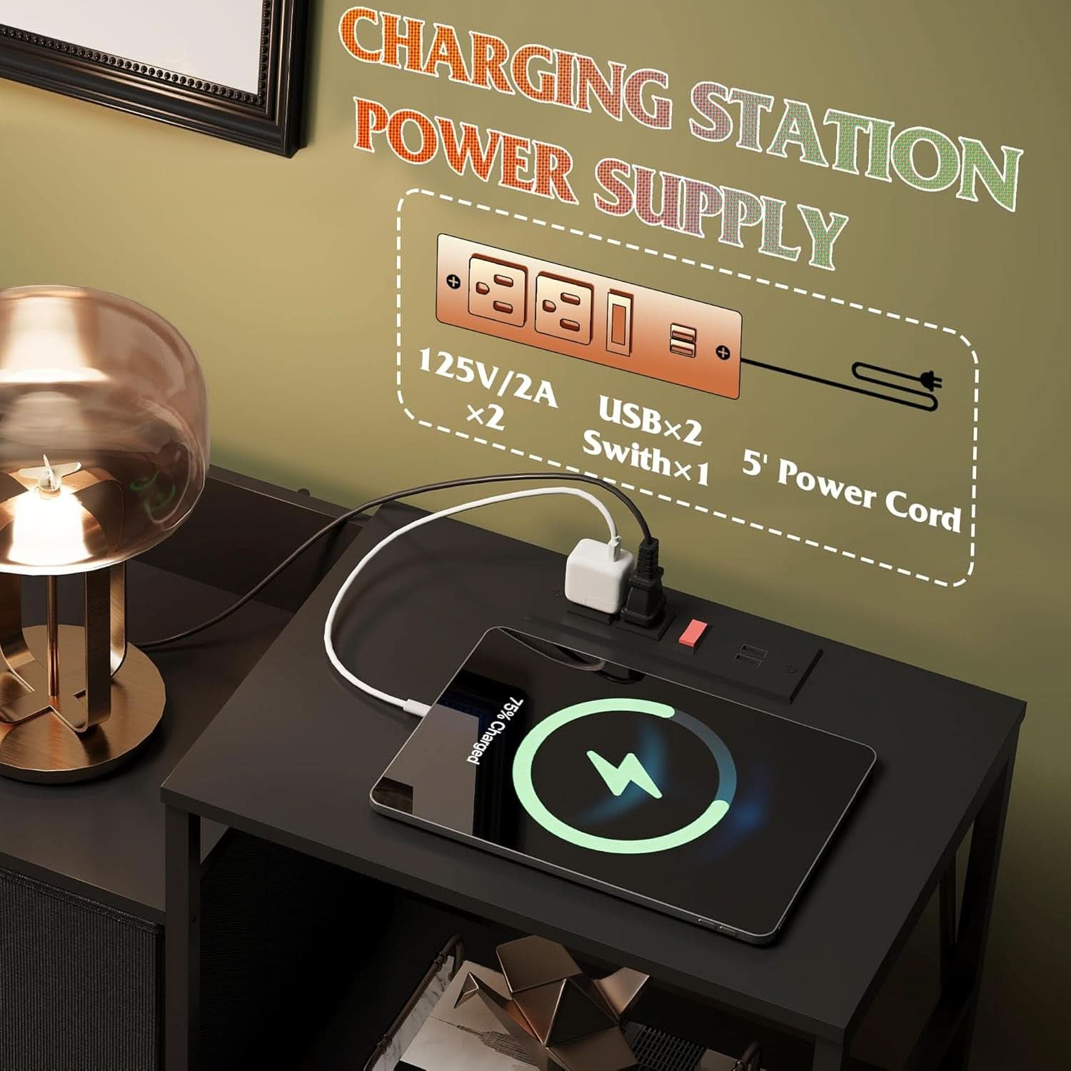 Black TV Stand With Charging Station Bedroom Furniture