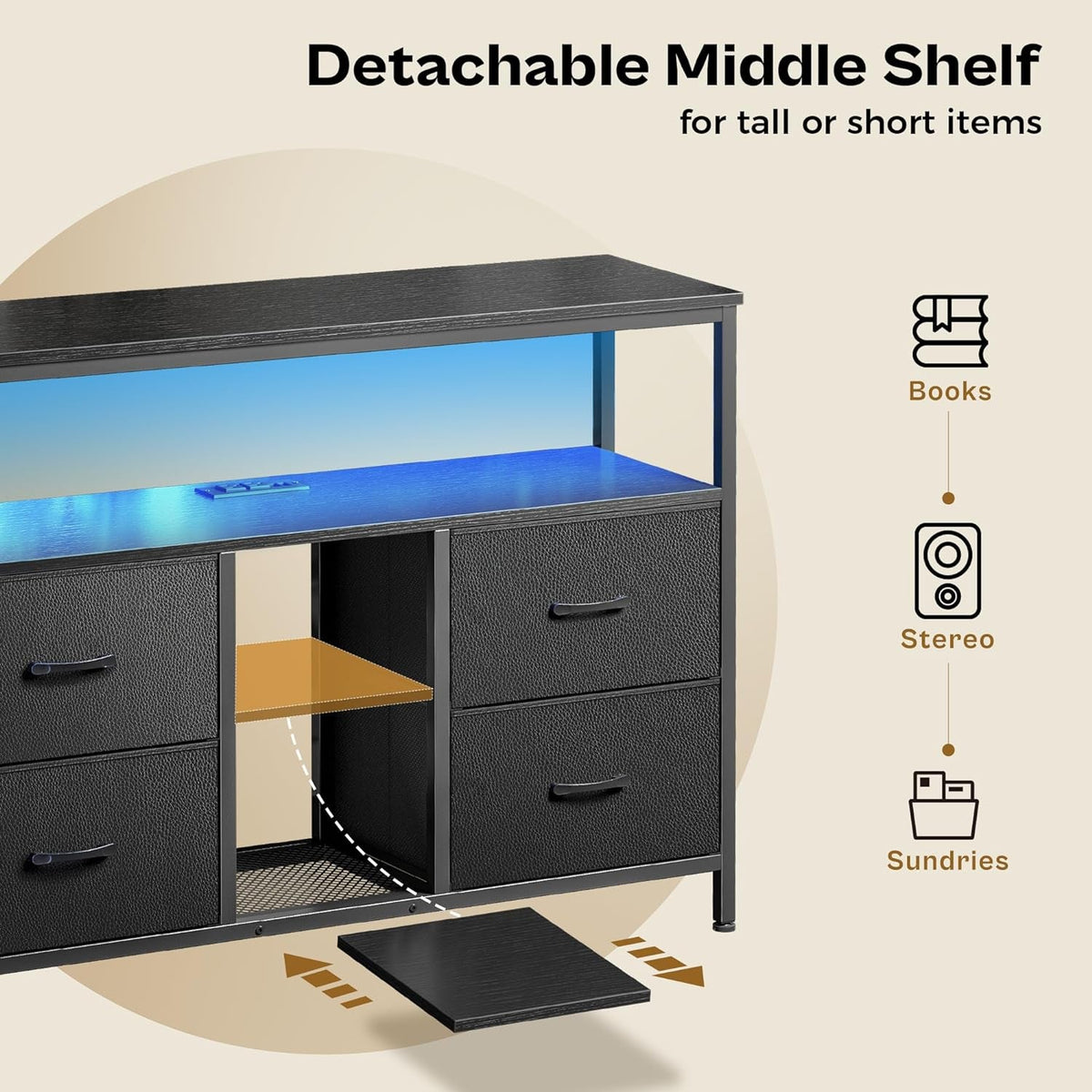 Black TV Stand With LED Lights And 2 AC Outlets And 2 USB Ports