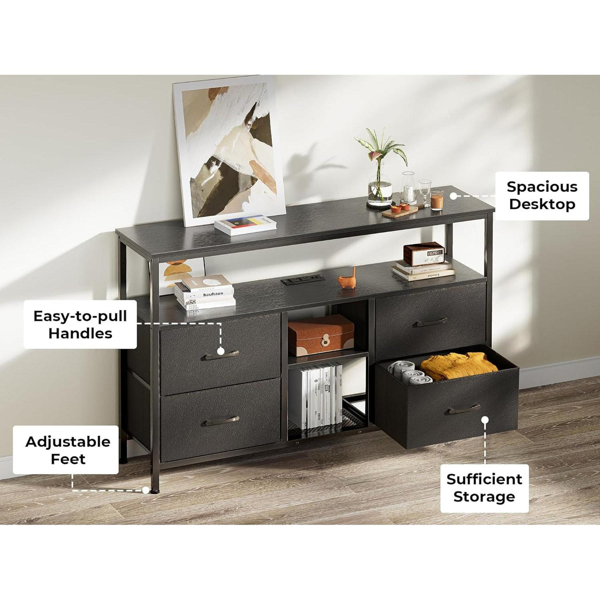 Black TV Stand With LED Lights And 2 AC Outlets And 2 USB Ports