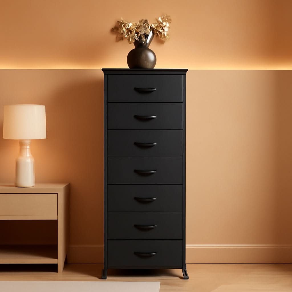 Black Tall Dresser With Seven Drawers For Bedroom Storage