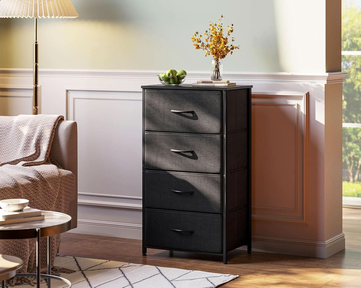 Black Textured Fabric Dresser With Four Deep Drawers