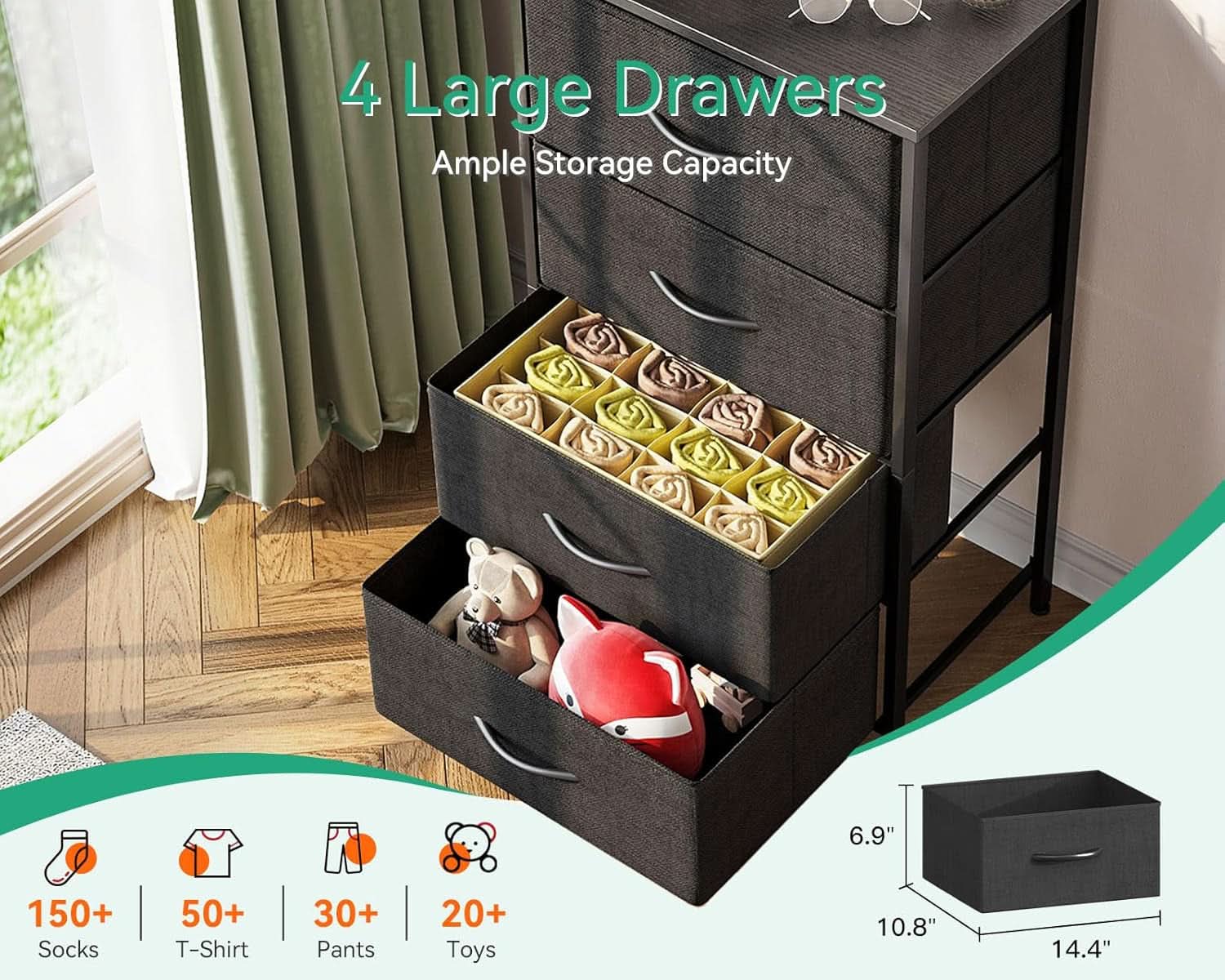 Black Textured Fabric Dresser With Four Deep Drawers