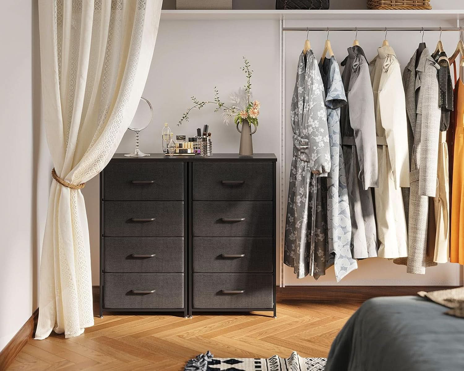 Black Textured Fabric Dresser With Four Deep Drawers