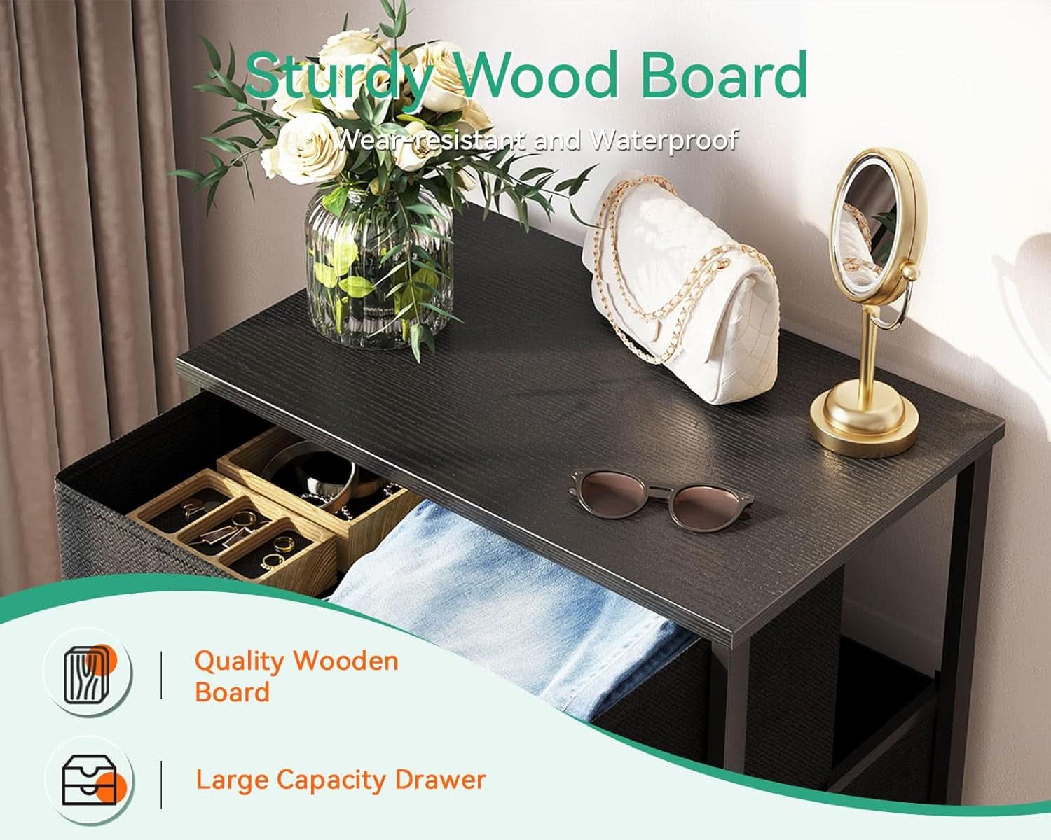 Black Textured Fabric Dresser With Four Deep Drawers