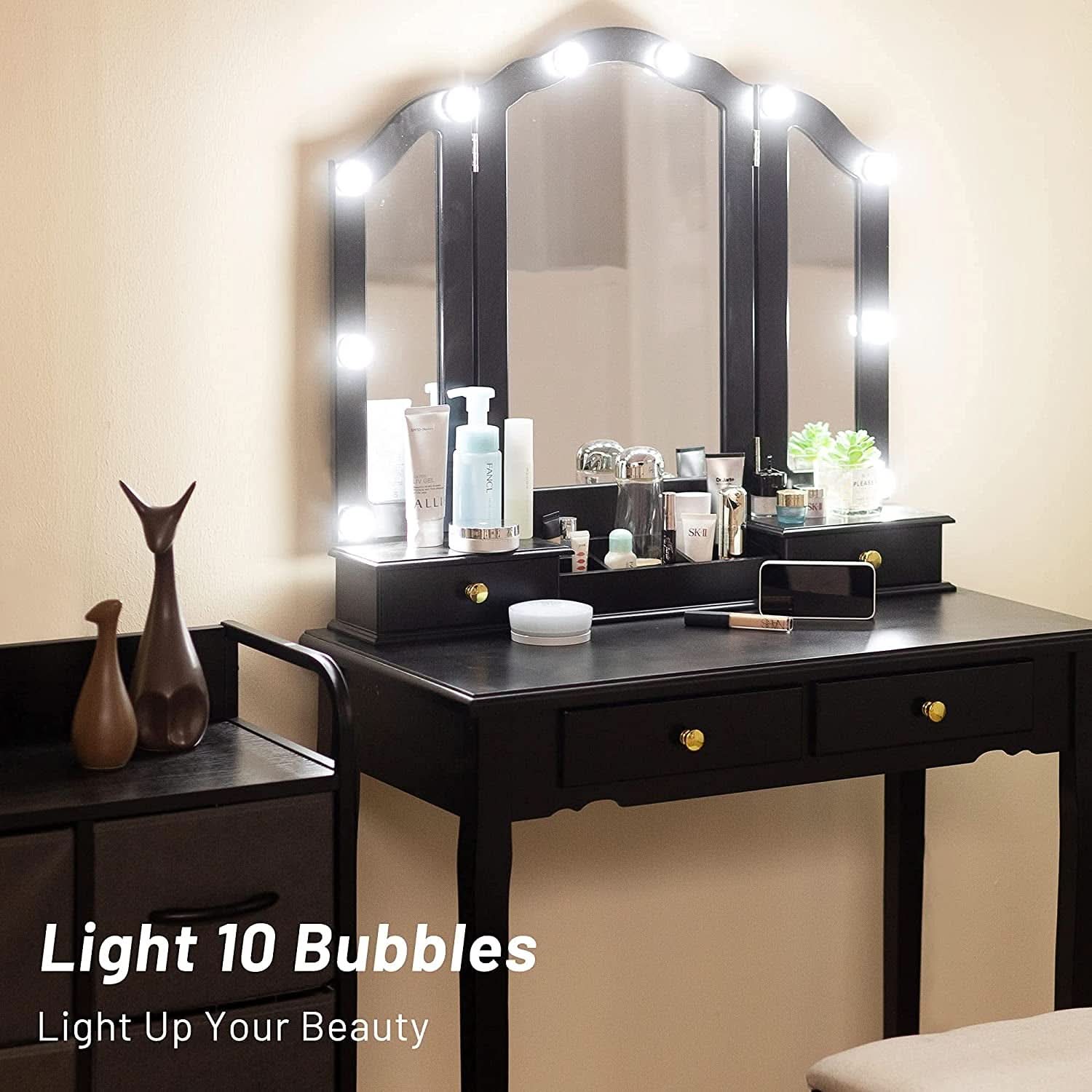 Black Tri Fold Makeup Vanity With Lights And Mirror