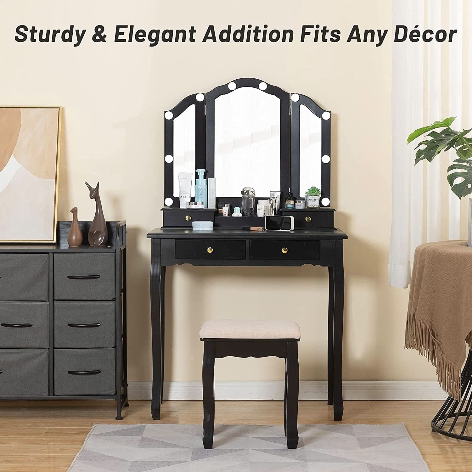 Black Tri Fold Makeup Vanity With Lights And Mirror