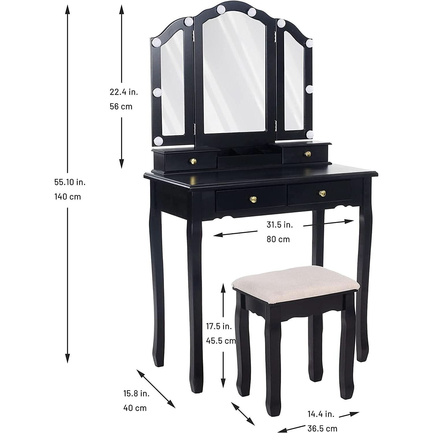 Black Tri Fold Makeup Vanity With Lights And Mirror