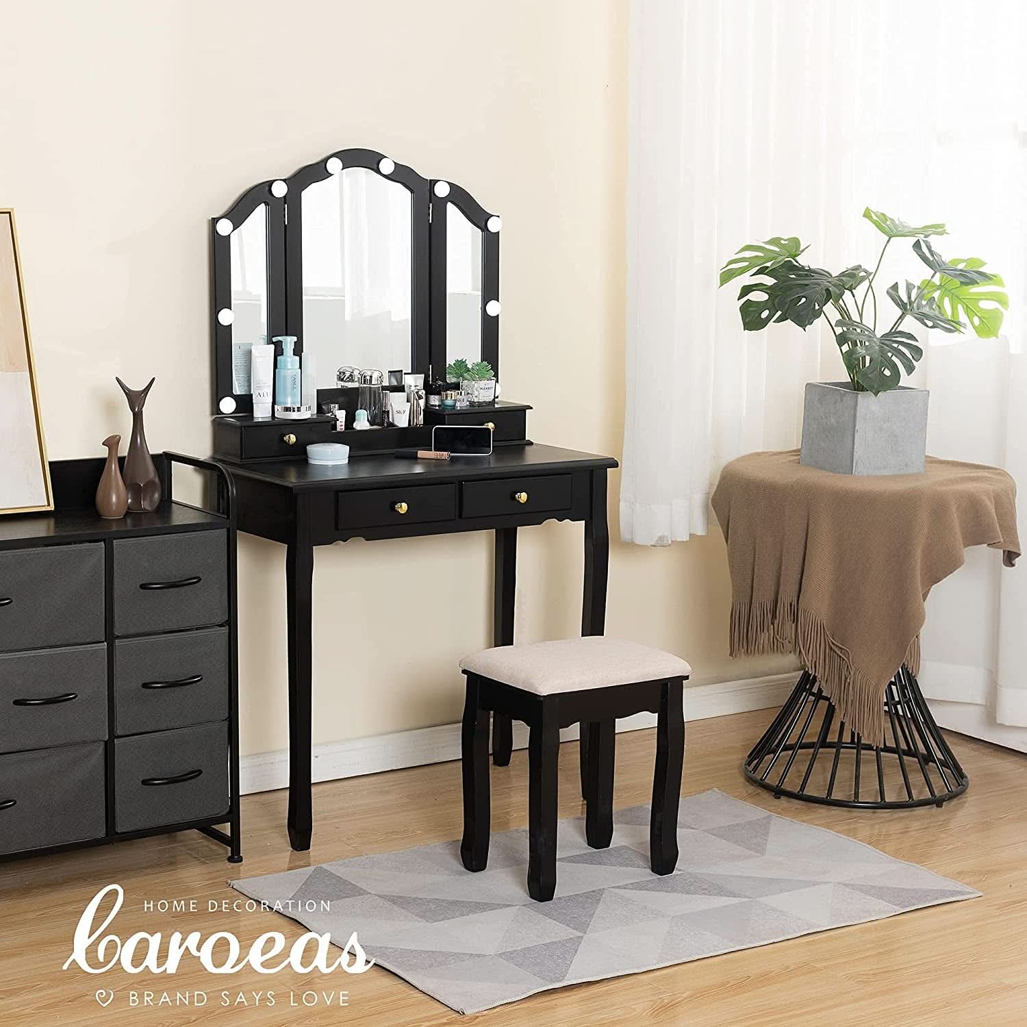 Black Tri Fold Makeup Vanity With Lights And Mirror