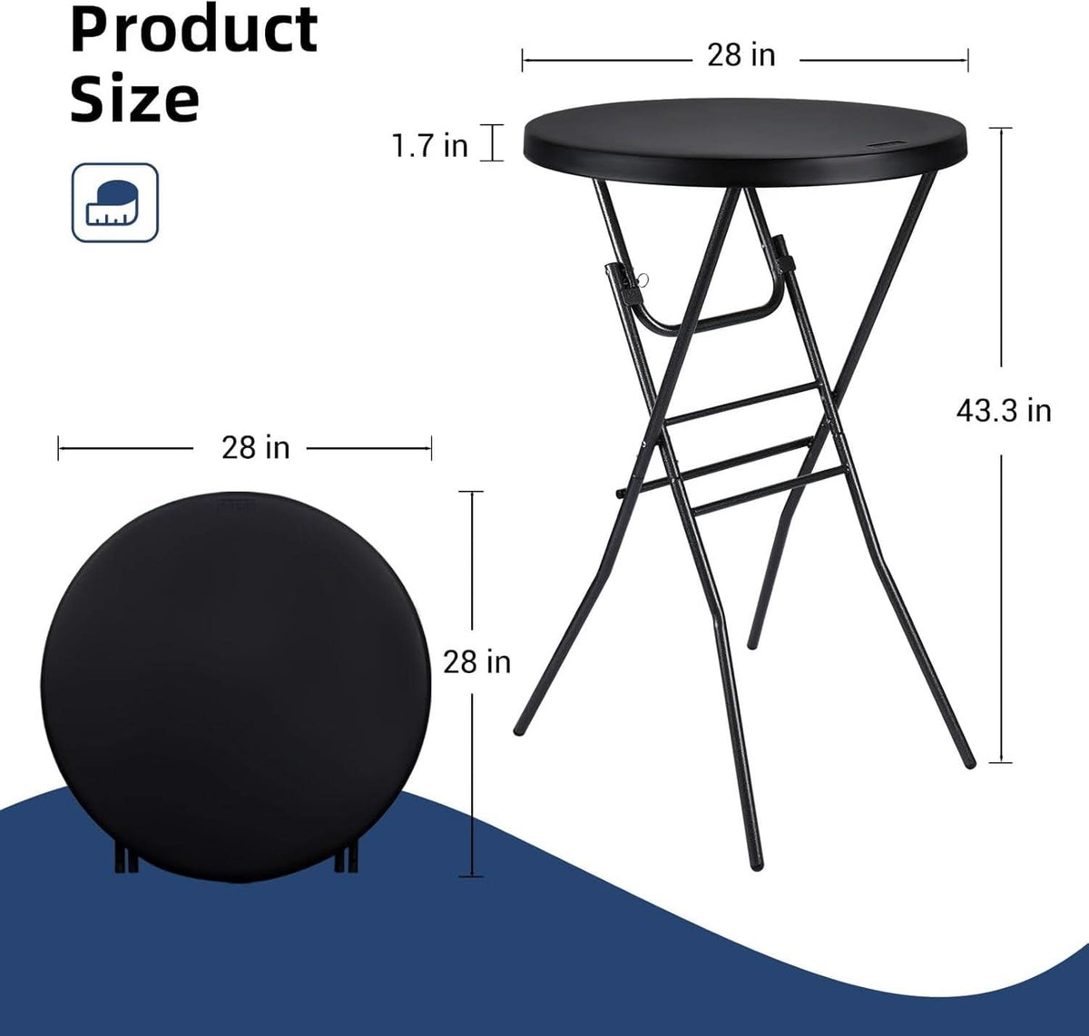 Black Twenty EightIn High Top Foldable Removable Locking Legs Cocktail Table