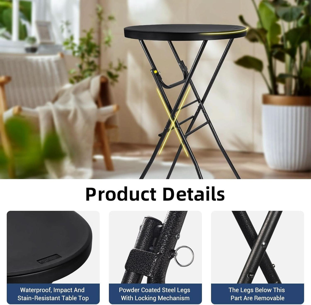 Black Twenty EightIn High Top Foldable Removable Locking Legs Cocktail Table