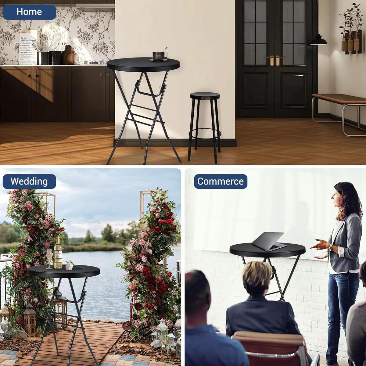 Black Twenty EightIn High Top Foldable Removable Locking Legs Cocktail Table