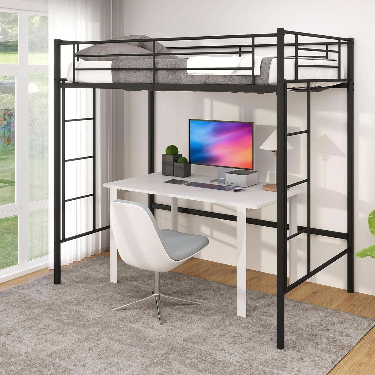 Black Twin Loft Bed With Dual Ladders For Juniors And Teens