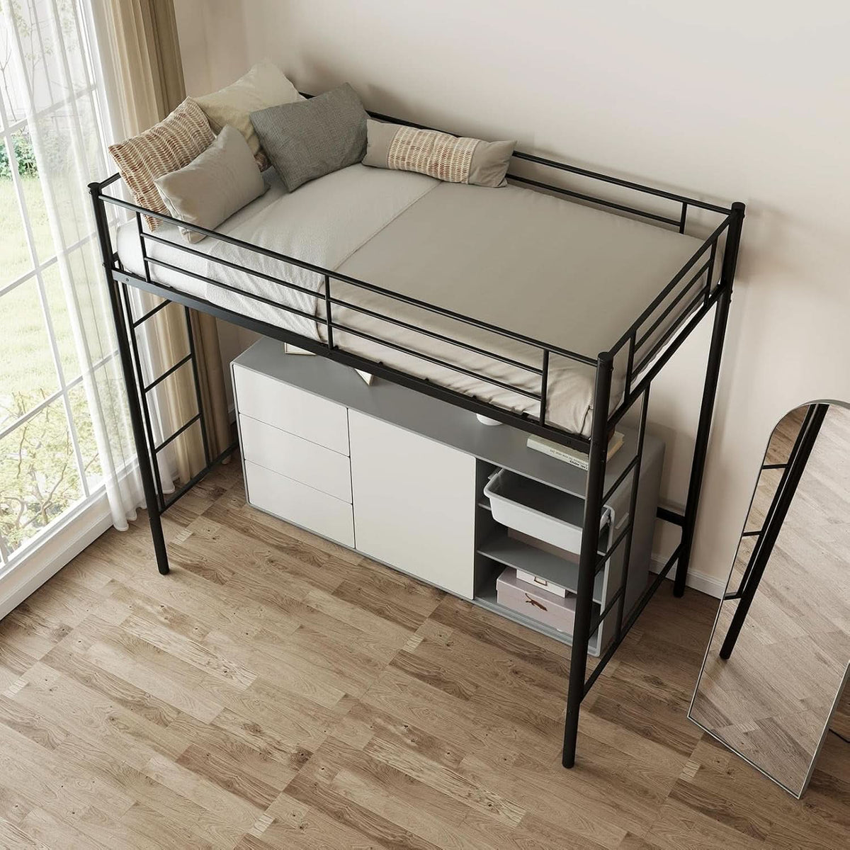 Black Twin Loft Bed With Dual Ladders For Juniors And Teens