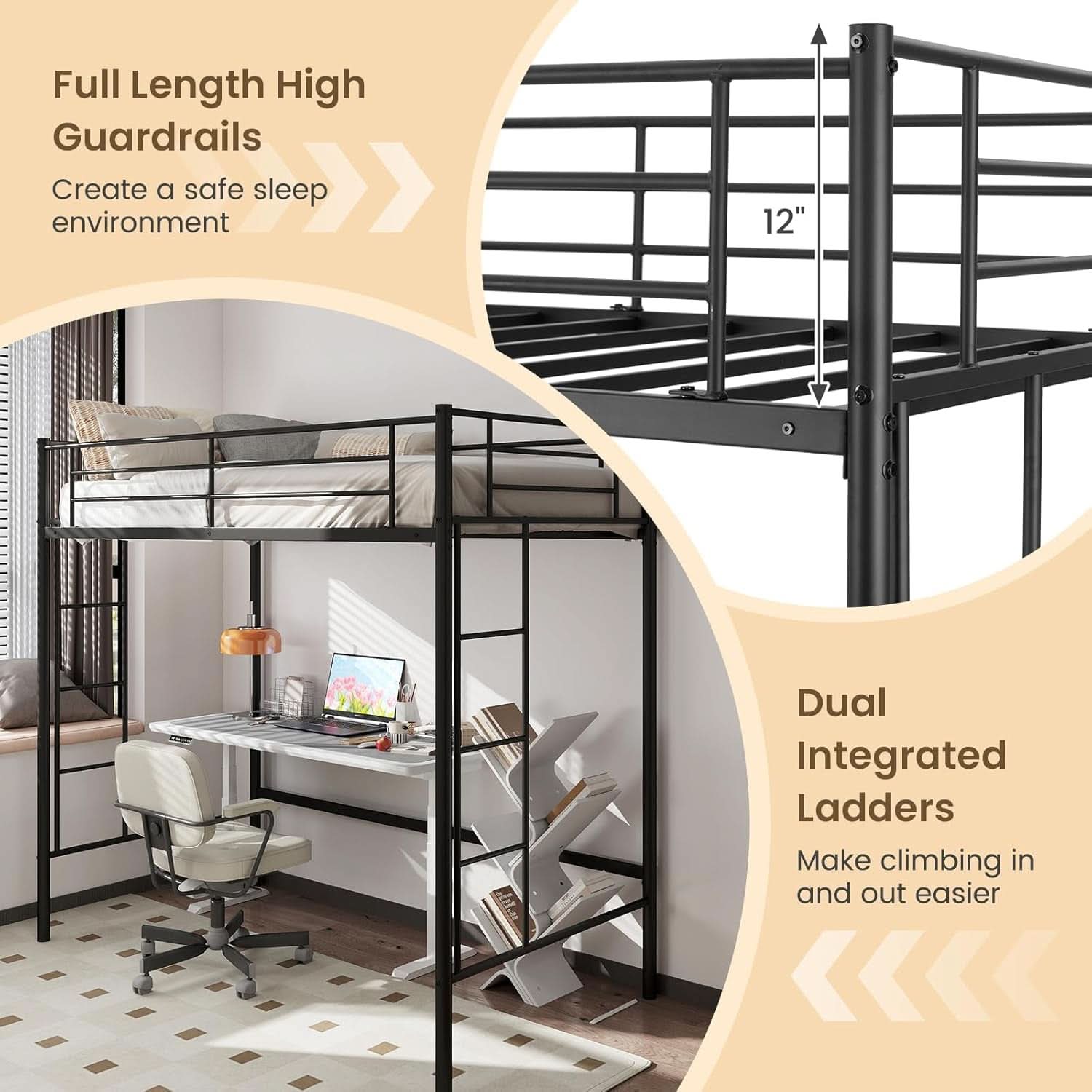 Black Twin Loft Bed With Dual Ladders For Juniors And Teens