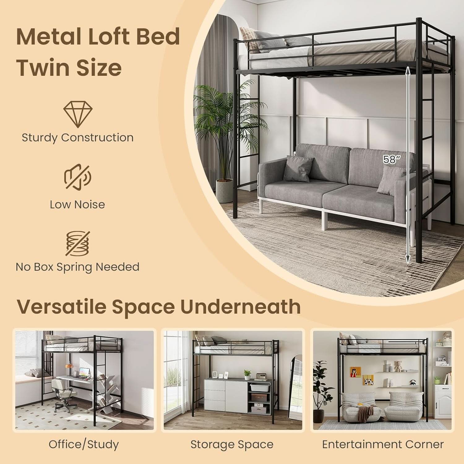 Black Twin Loft Bed With Dual Ladders For Juniors And Teens