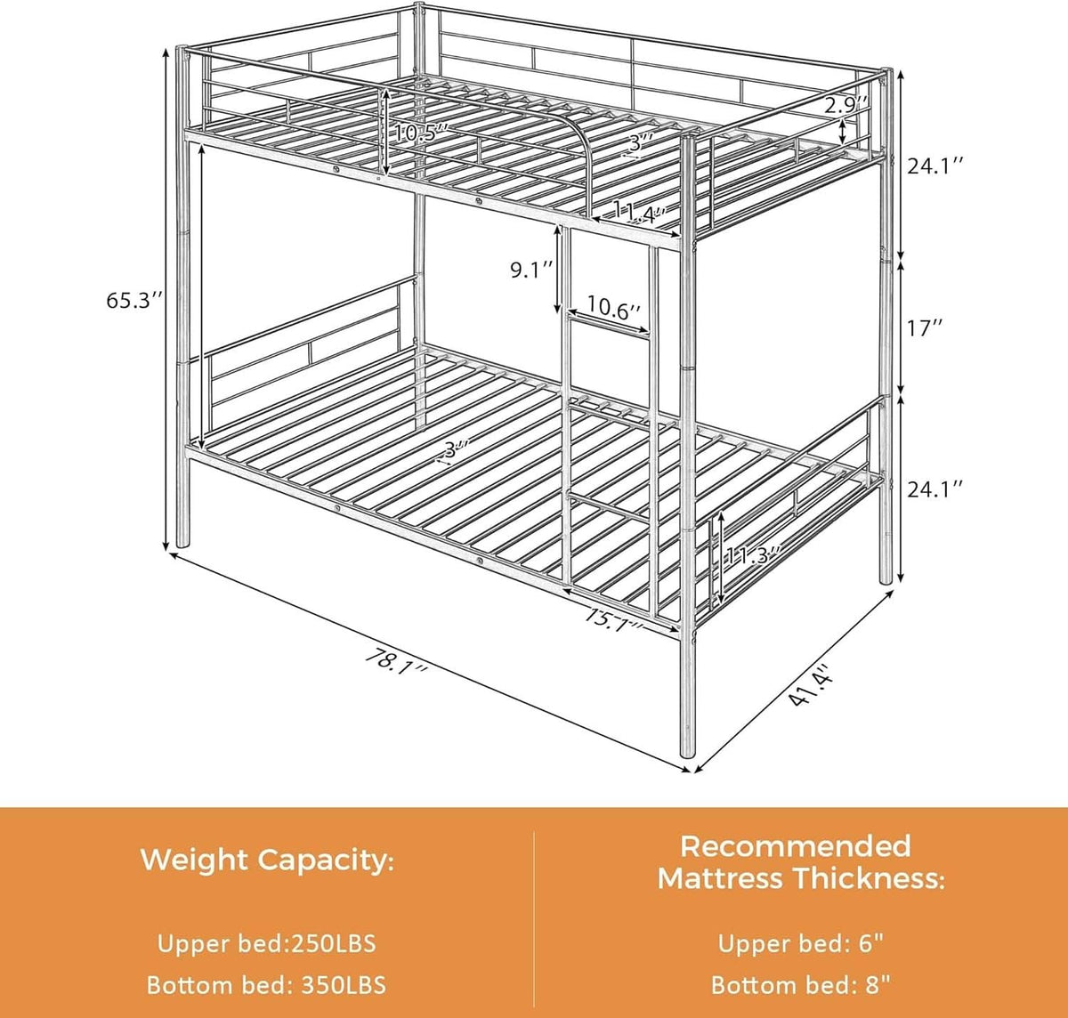 Black Twin Over Twin Metal Bunk Bed With Ladder Guardrail