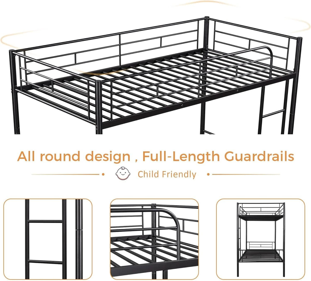 Black Twin Over Twin Metal Bunk Bed With Ladder Guardrail