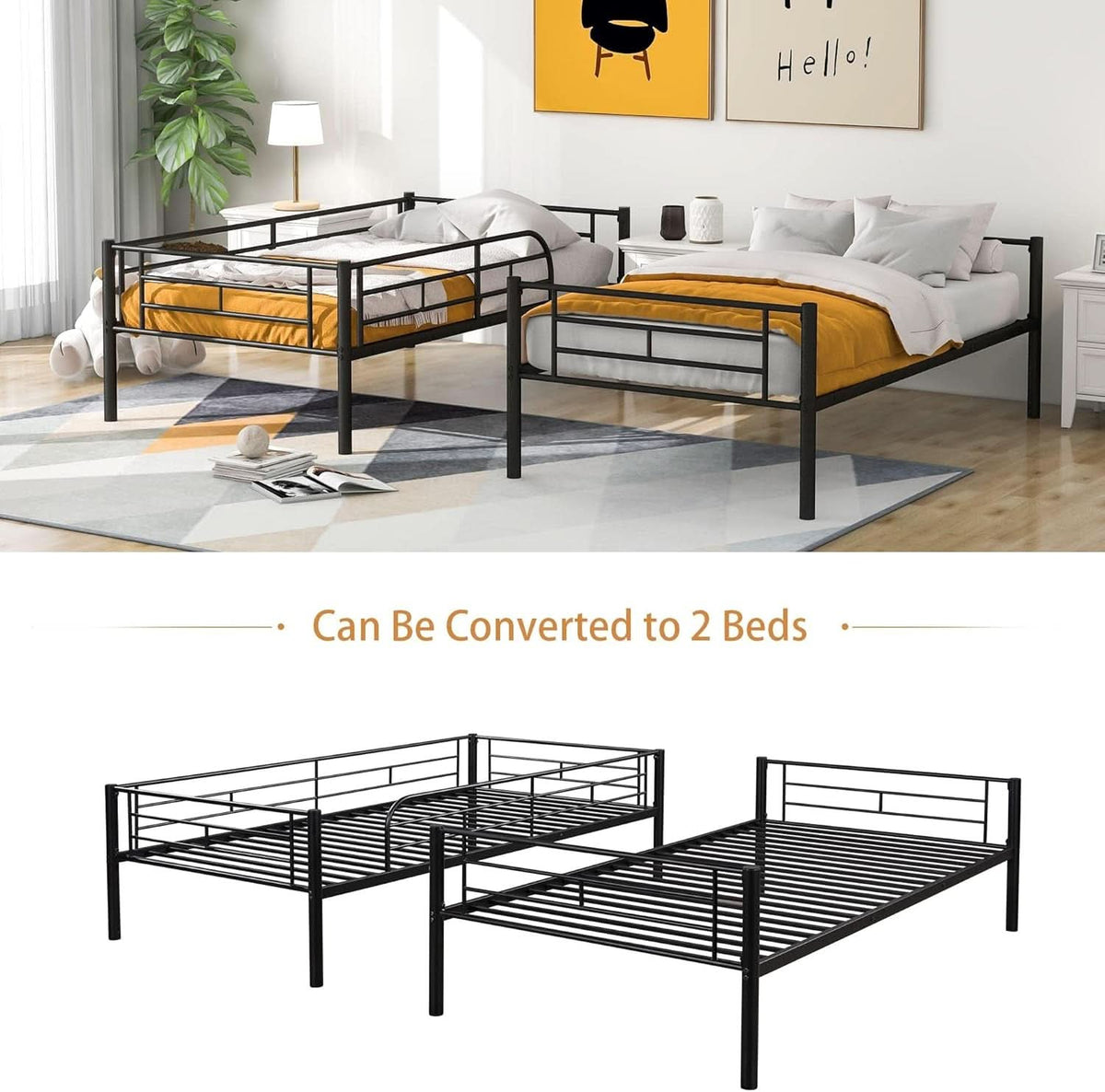 Black Twin Over Twin Metal Bunk Bed With Ladder Guardrail