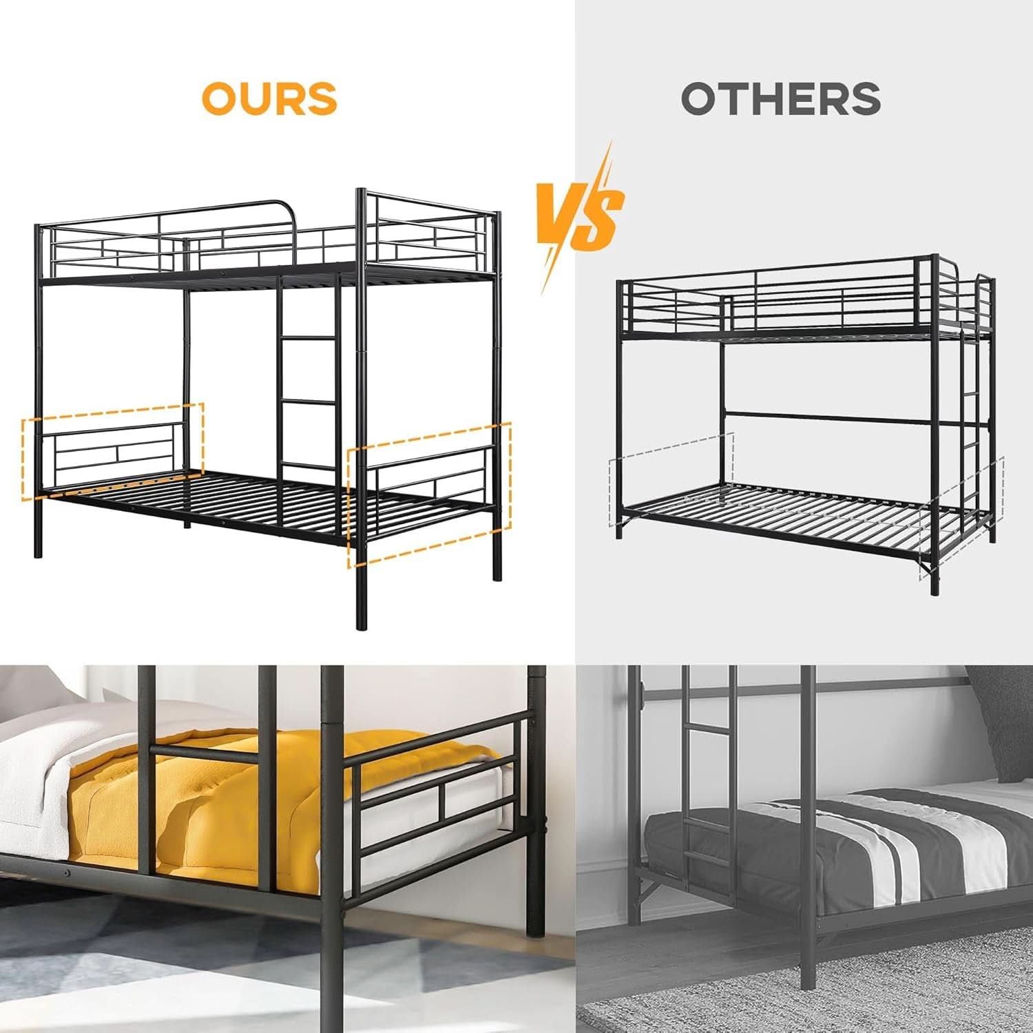 Black Twin Over Twin Metal Bunk Bed With Ladder Guardrail
