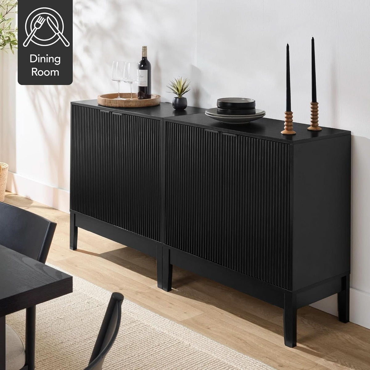 Black Two Door Modern Entryway Storage Cabinet Reeded Doors