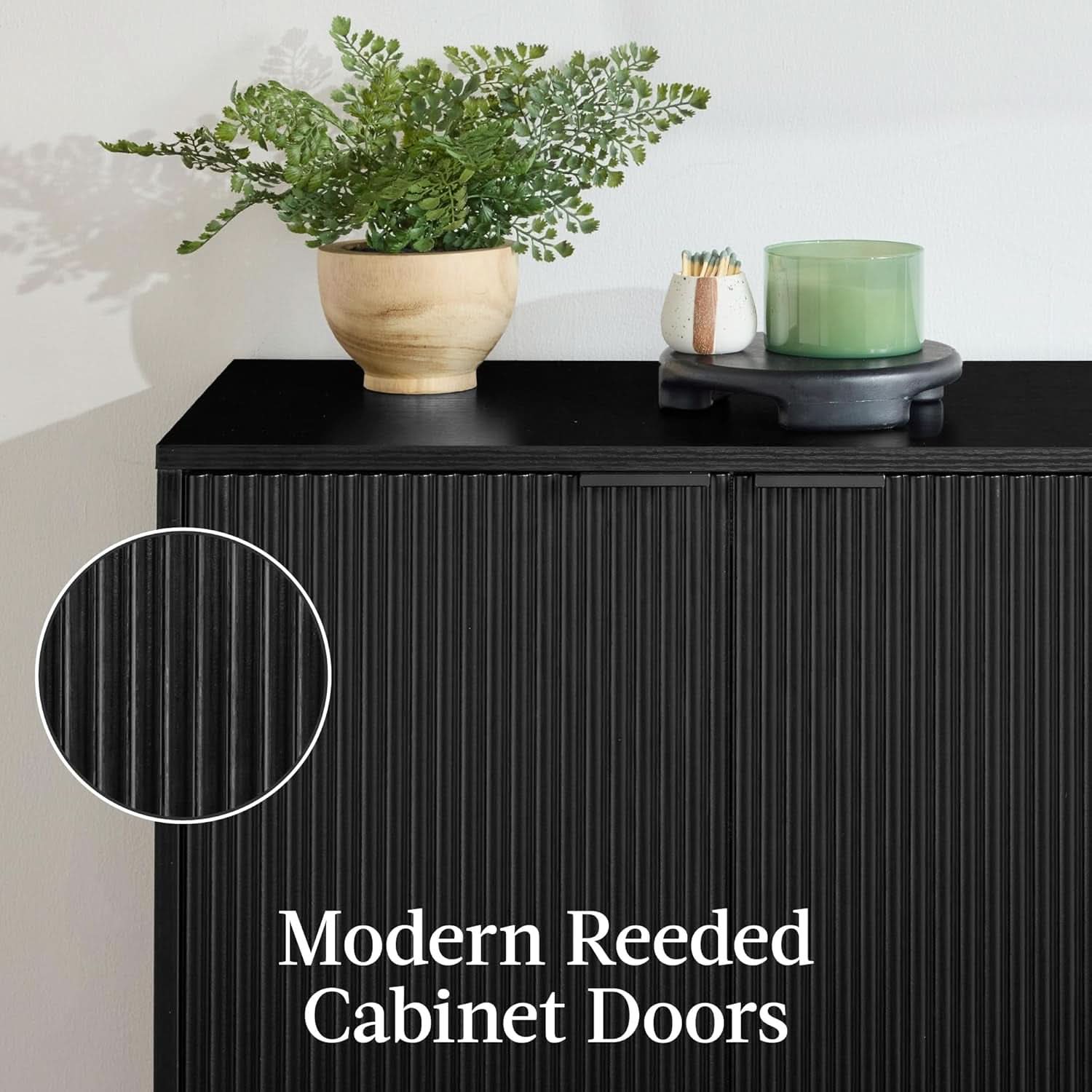 Black Two Door Modern Entryway Storage Cabinet Reeded Doors
