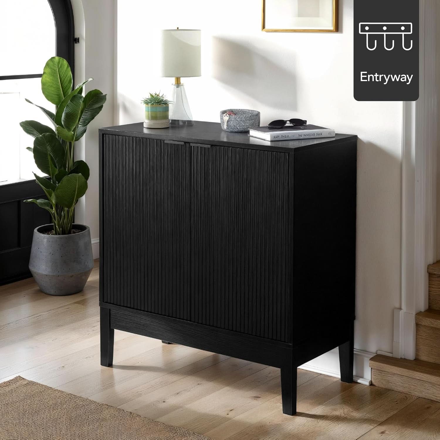 Black Two Door Modern Entryway Storage Cabinet Reeded Doors