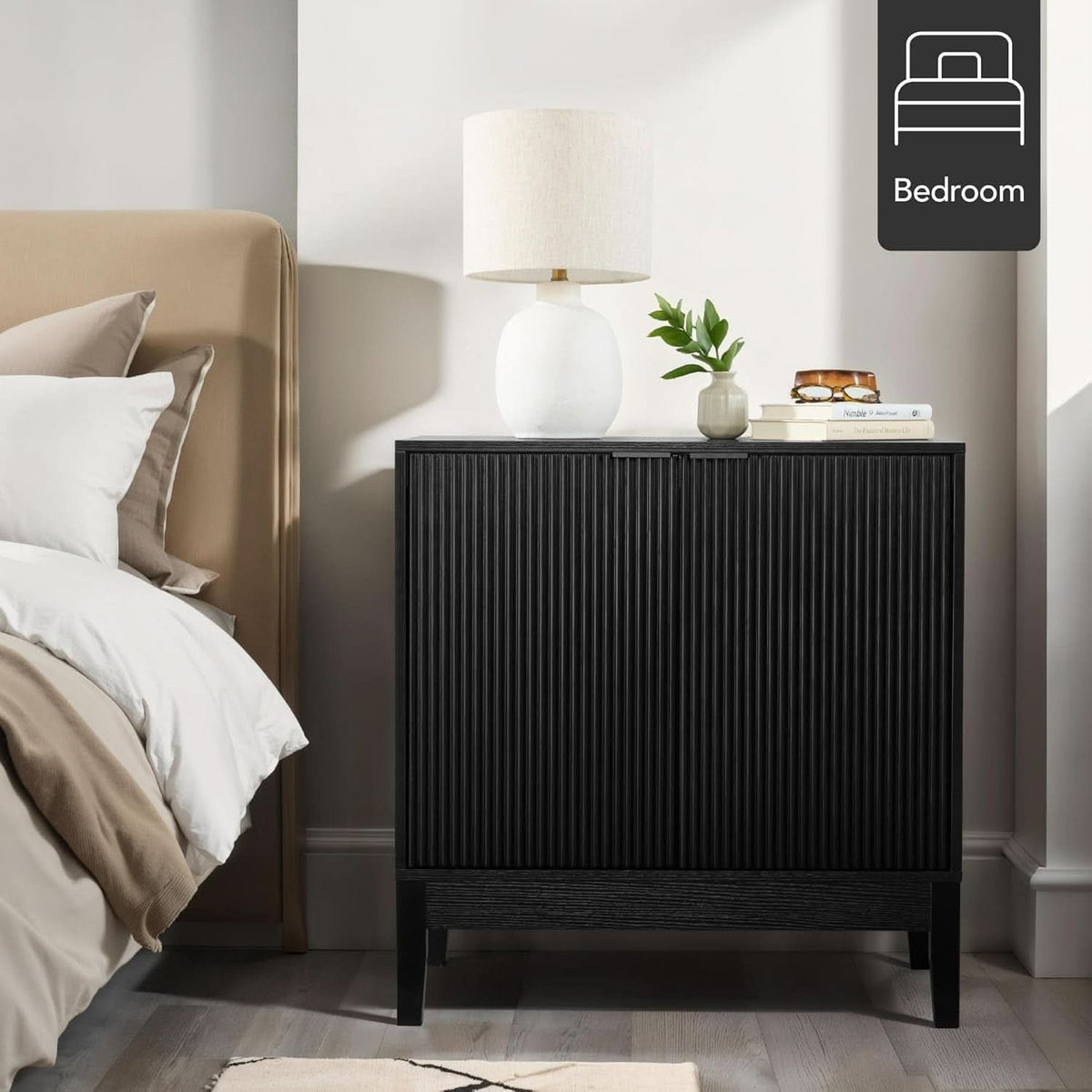 Black Two Door Modern Entryway Storage Cabinet Reeded Doors