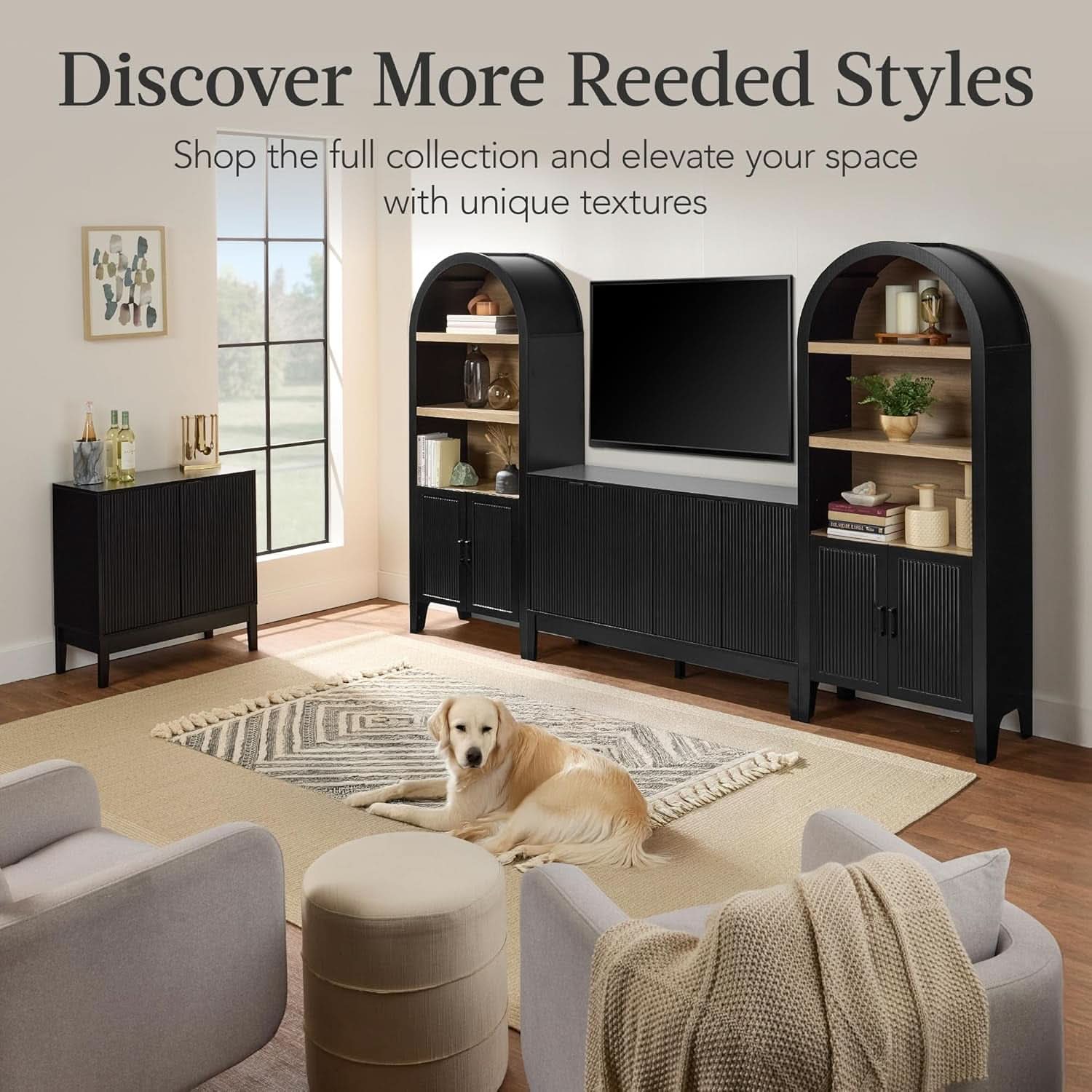 Black Two Door Modern Entryway Storage Cabinet Reeded Doors