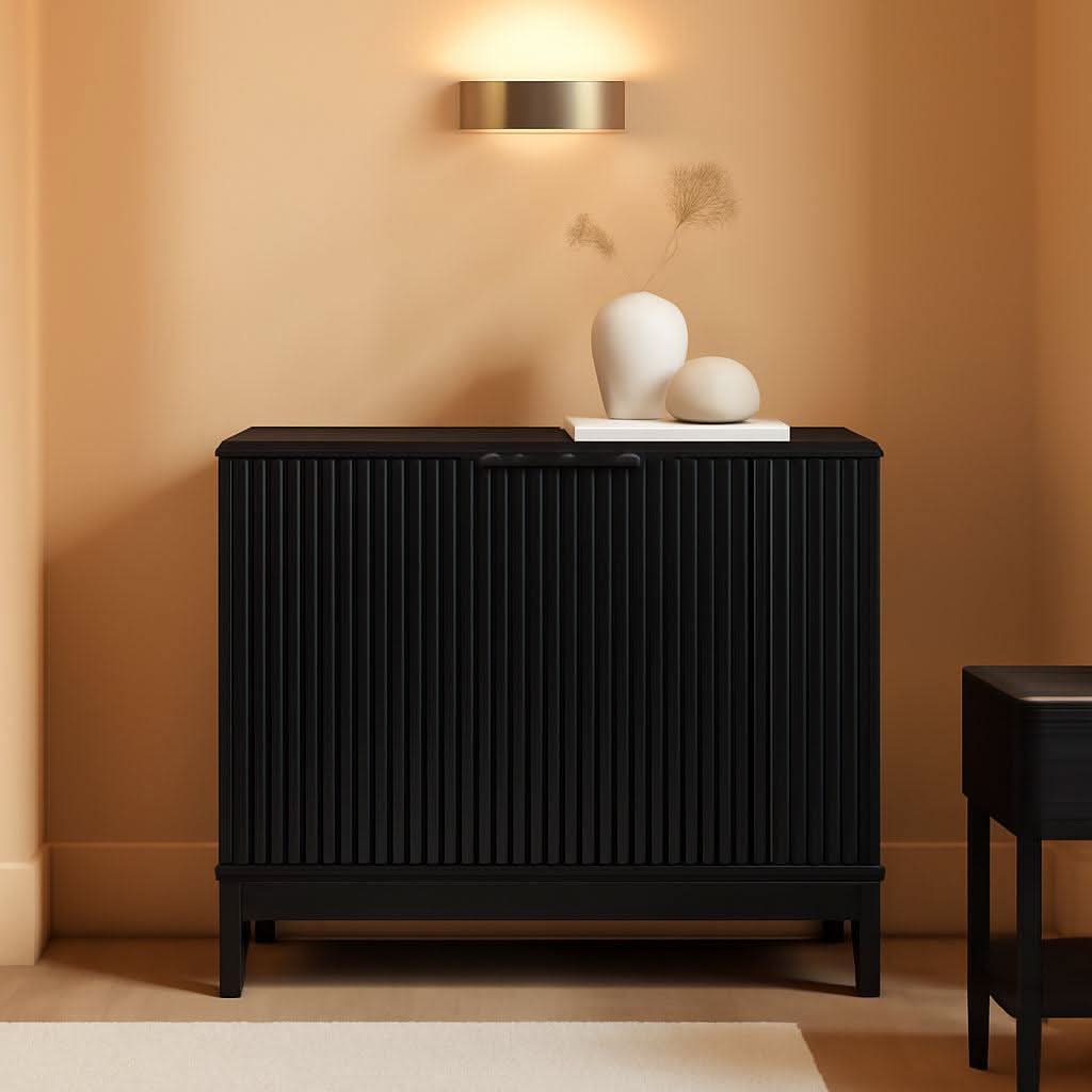 Black Two Door Modern Entryway Storage Cabinet Reeded Doors